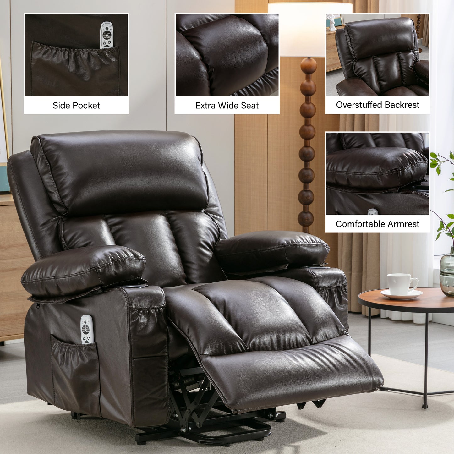 Electric Power Lift Recliner Chair with Heat and Massage, Brown