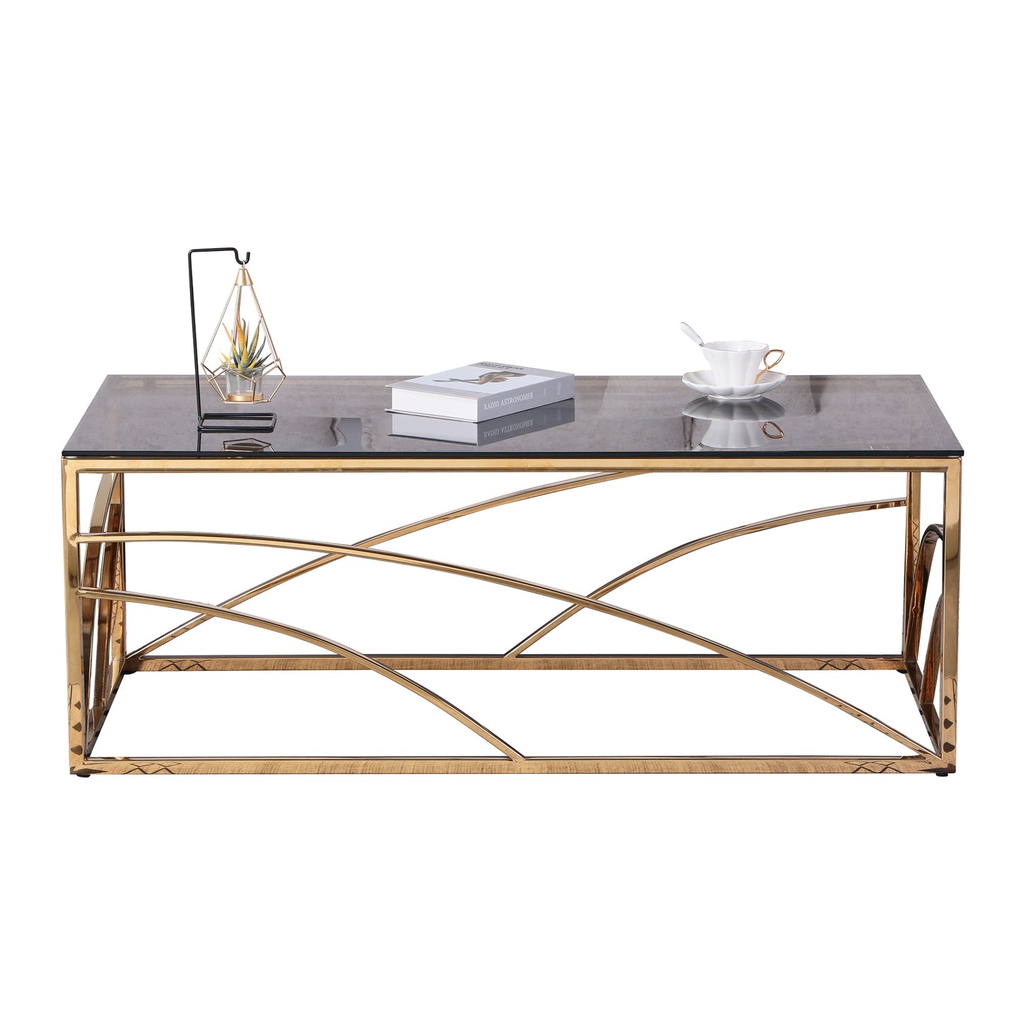 Elegant Gold Stainless Steel and Blue Gray Glass Coffee Table for Modern Living Room