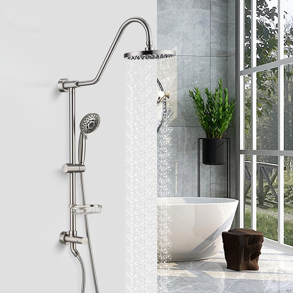 Luxurious Bathroom Shower System Set with Rain Showerhead, 5-Function Hand Shower, Adjustable Slide Bar, and Soap Dish in Brushed Nickel Finish