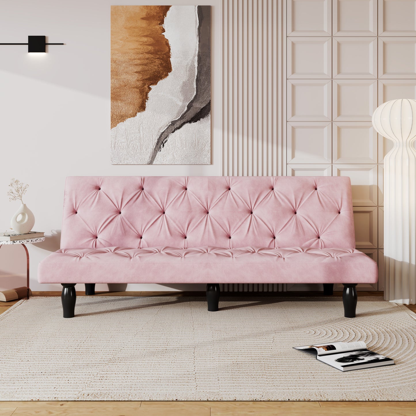 Convertible Pink Velvet Sofa Bed with Tufted Back and Adjustable Positions