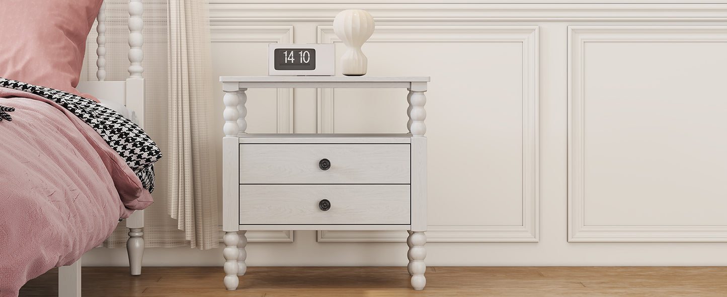 Gourd Shaped Leg 2 Drawer Nightstand, Antique White