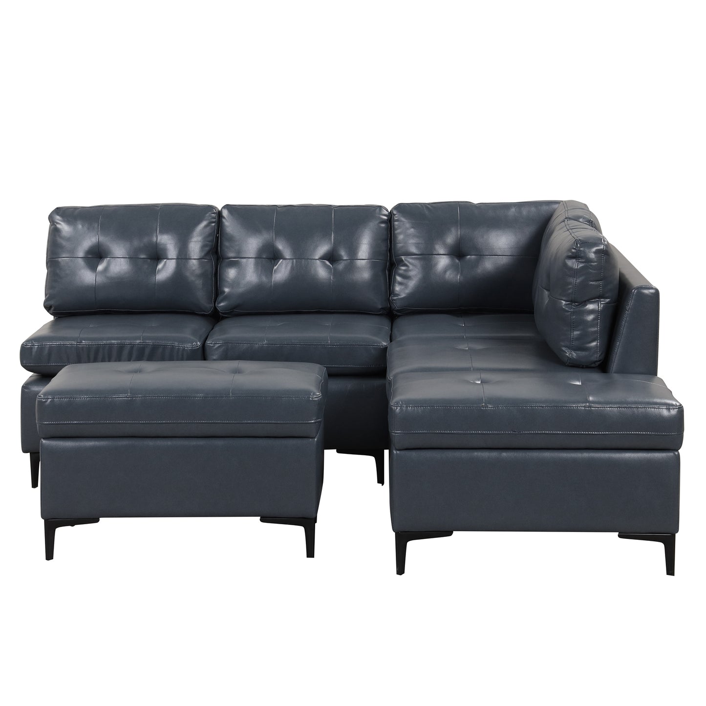 Blue L-Shaped Sectional Sofa Set with Movable Storage Ottomans