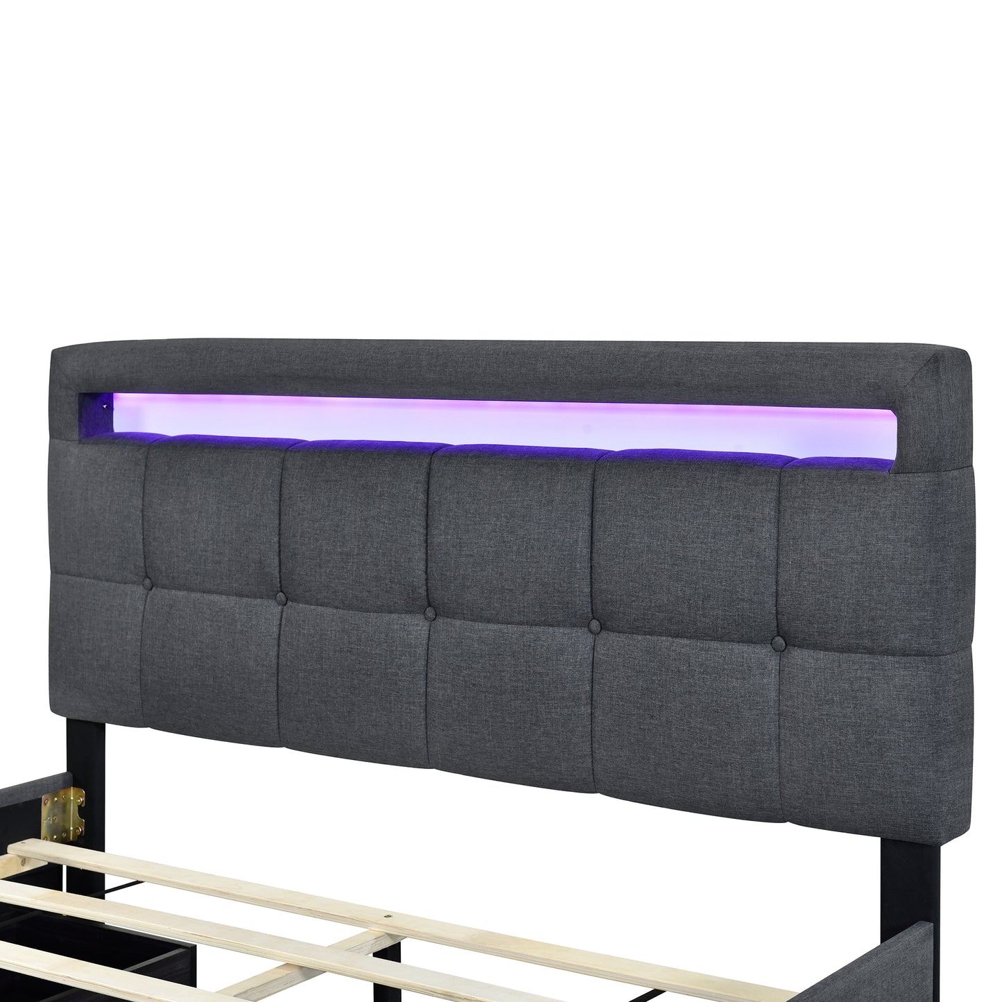 Queen Size Upholstered Platform Bed with LED Frame and 4 Drawers, Linen Fabric, Gray