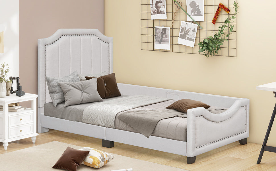 Twin Size Upholstered Platform Bed with Nailhead Trim Decoration and Guardrail, Beige