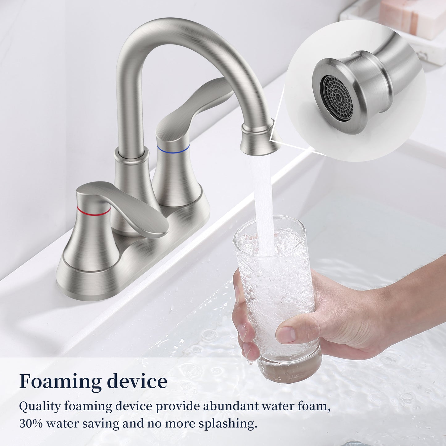 Modern Two-Handle Brushed Nickel Bathroom Sink Faucet with Pop-Up Drain and Supply Hoses