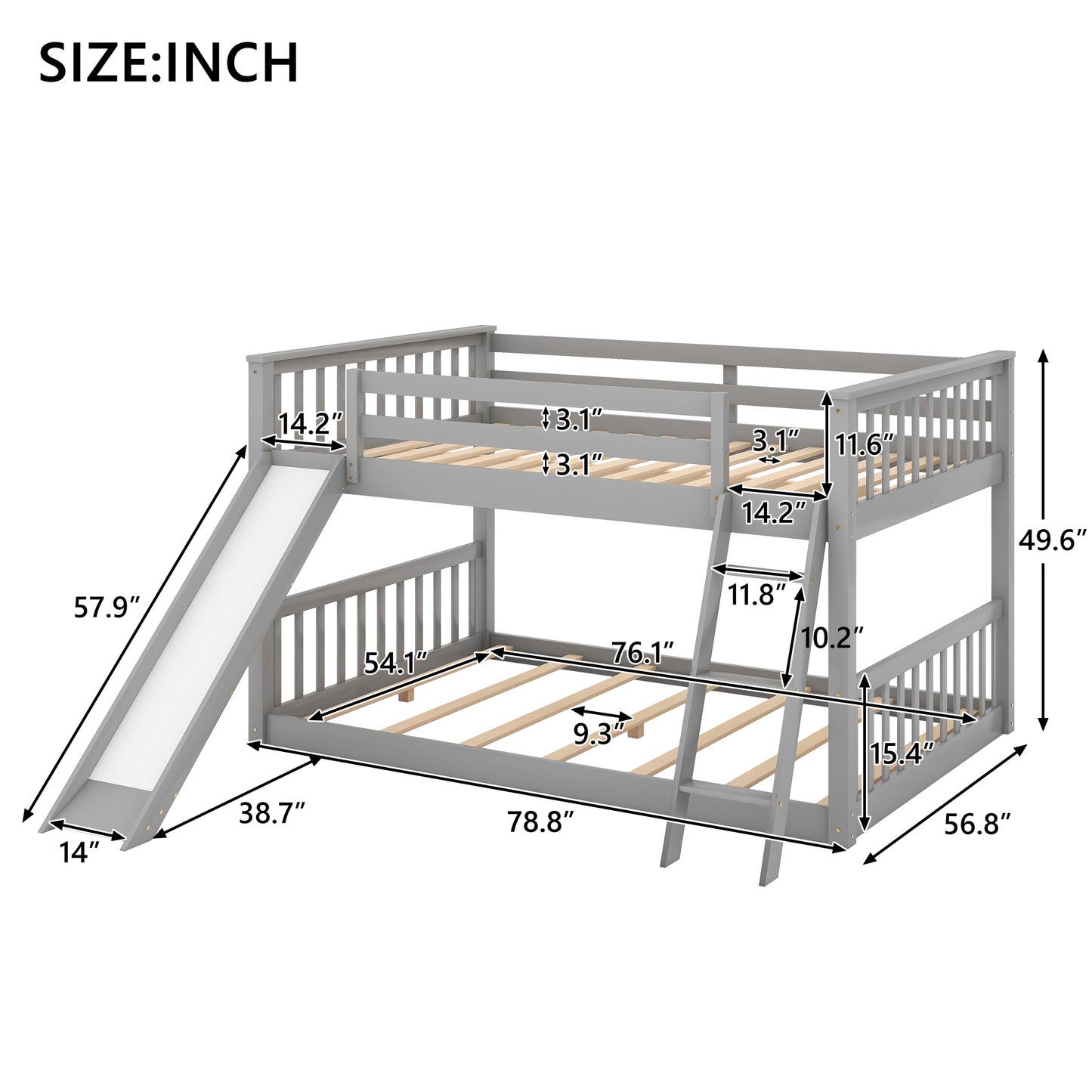 Gray Full Bunk Bed with Slide, Reversible Ladder, and Modern Design