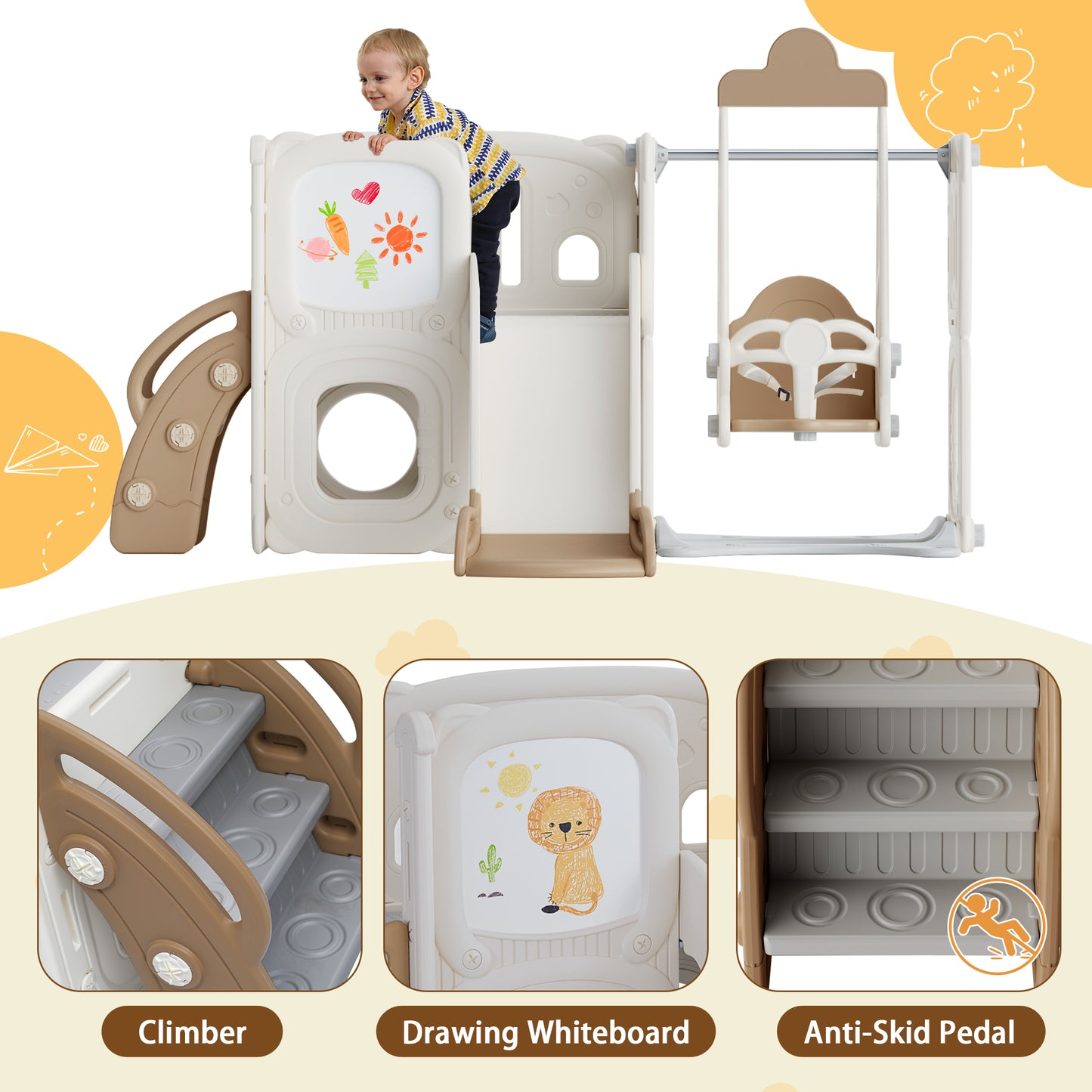 5 in 1 Playground Climber Slide and Swing Set for Toddlers with Drawing Whiteboard