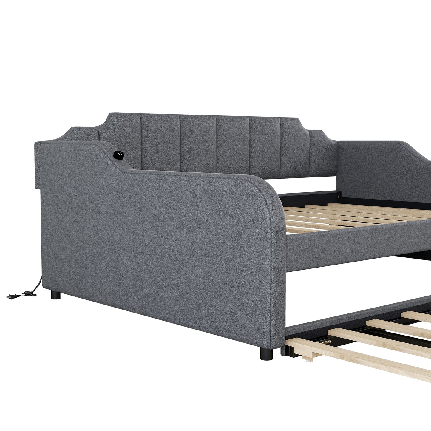 Full Size Upholstery Daybed with Trundle and USB Charging Design,Trundle can be flat or erected,Gray