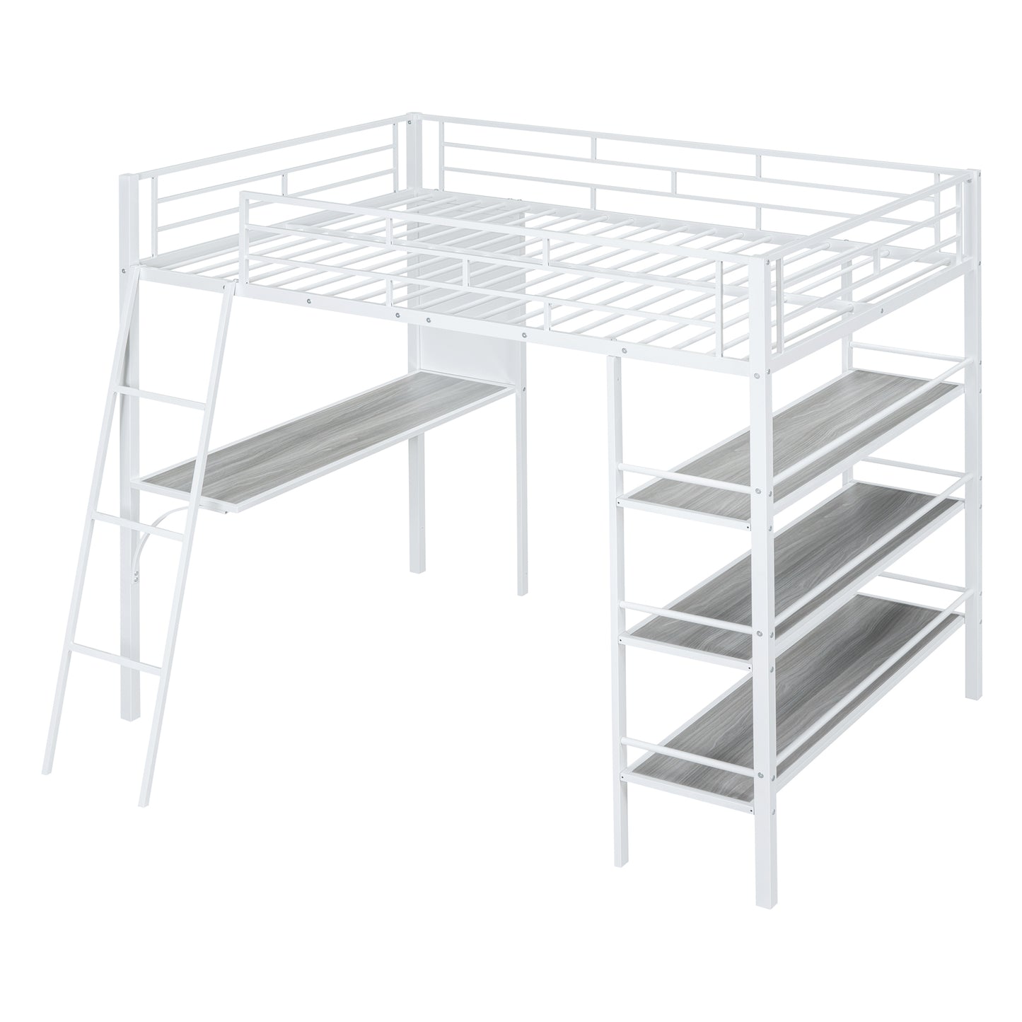 Full Size Loft Metal Bed with 3 Layers of Shelves and Desk, Stylish Metal Frame Bed with Whiteboard, White