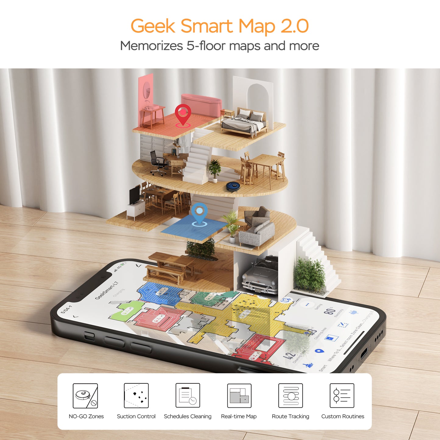 Effortless Cleaning Solution: Geek Smart L7 Robot Vacuum Cleaner and Mop, Smart Navigation, Wi-Fi Connectivity, Room Selection Feature, MAX 2700 PA Suction, Suitable for Pets and Spacious Homes