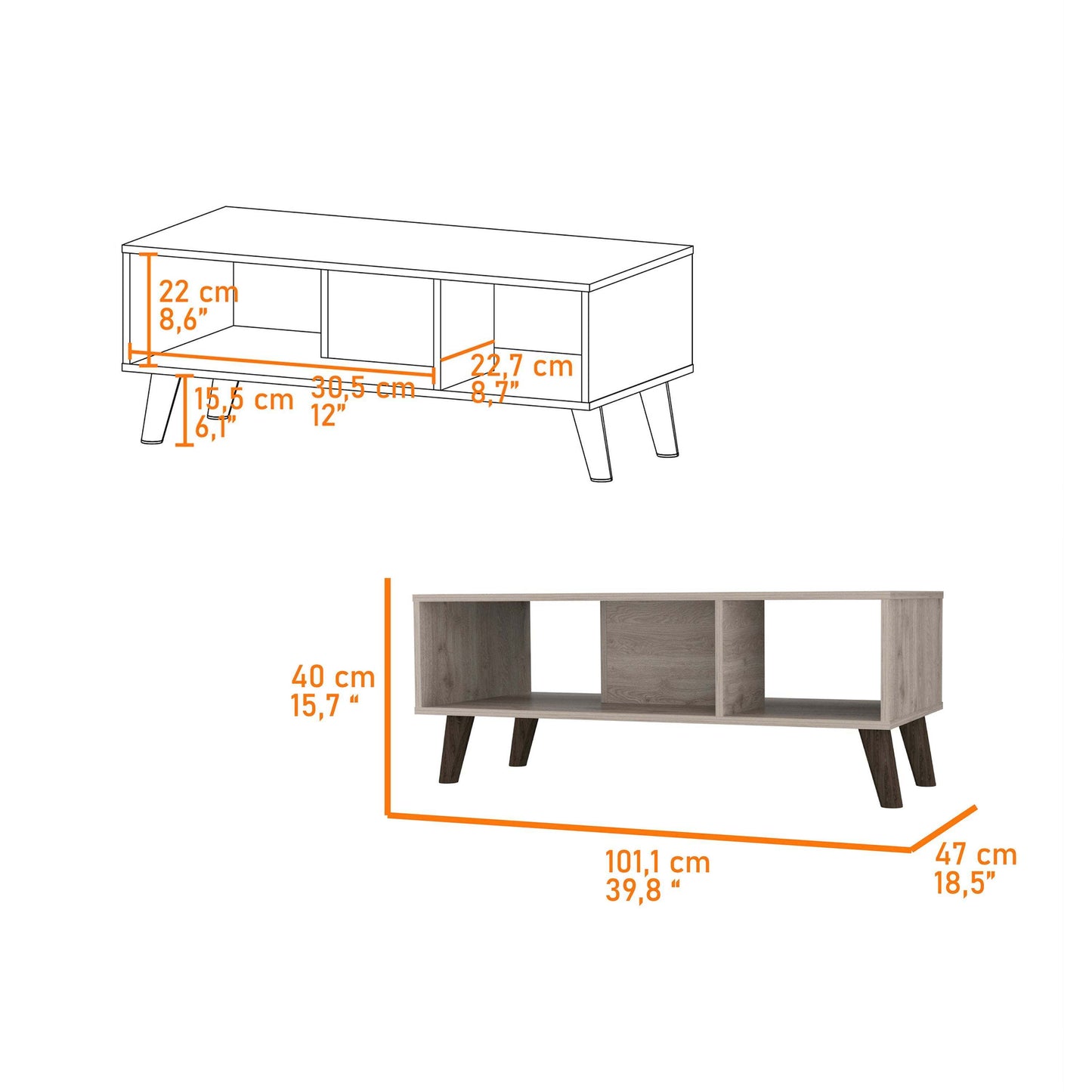 Contemporary Oregon Coffee Table with Dual Open Shelves and Sturdy Legs