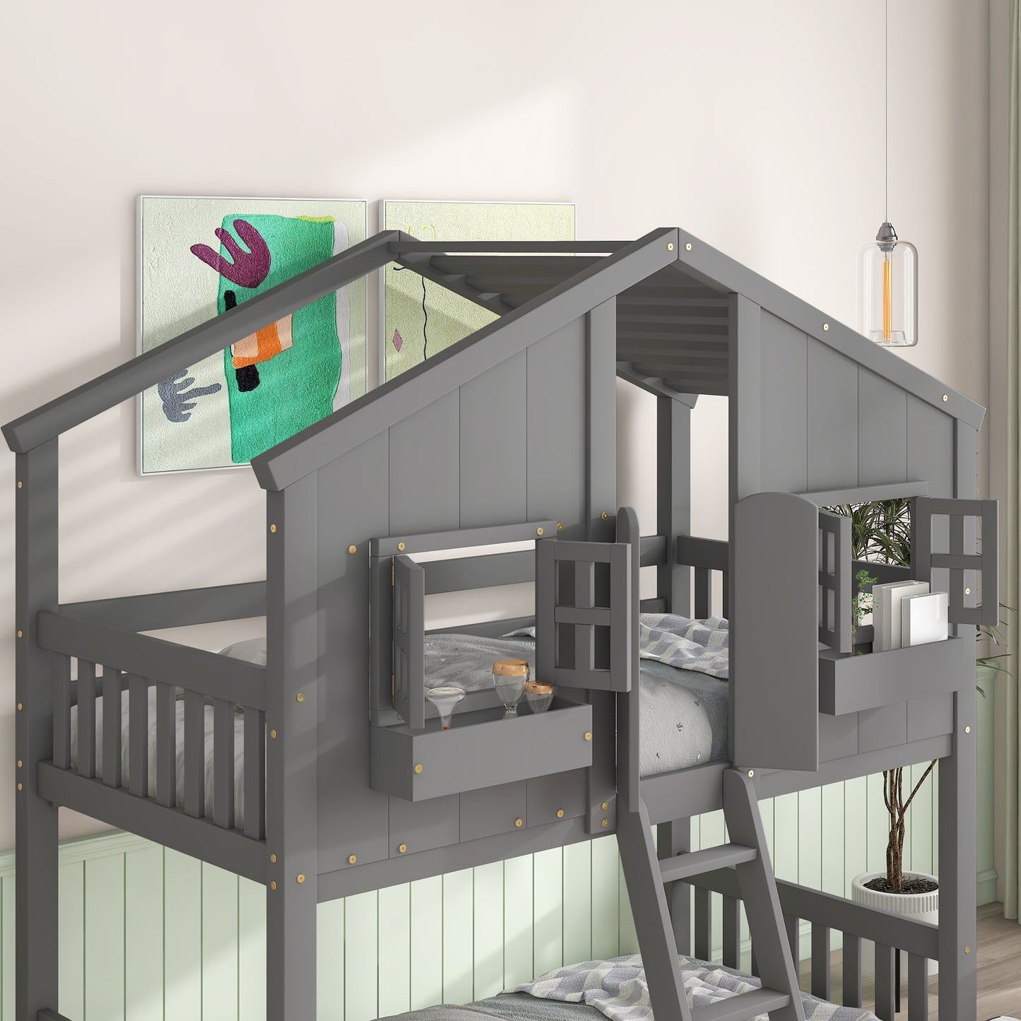 Imaginative Grey Twin House Bunk Bed with Woodland Charm