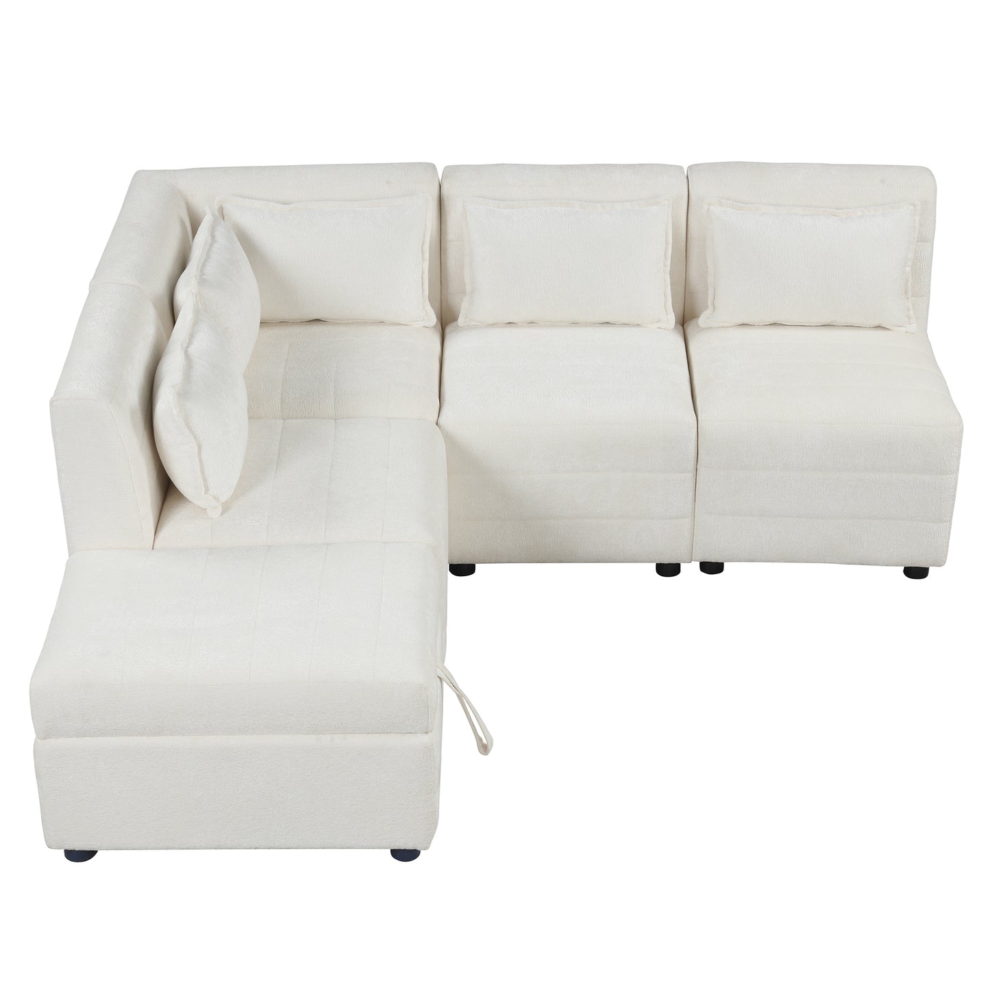 Cream 5-Seater Modular Sectional Sofa with Storage Ottoman and 5 Pillows