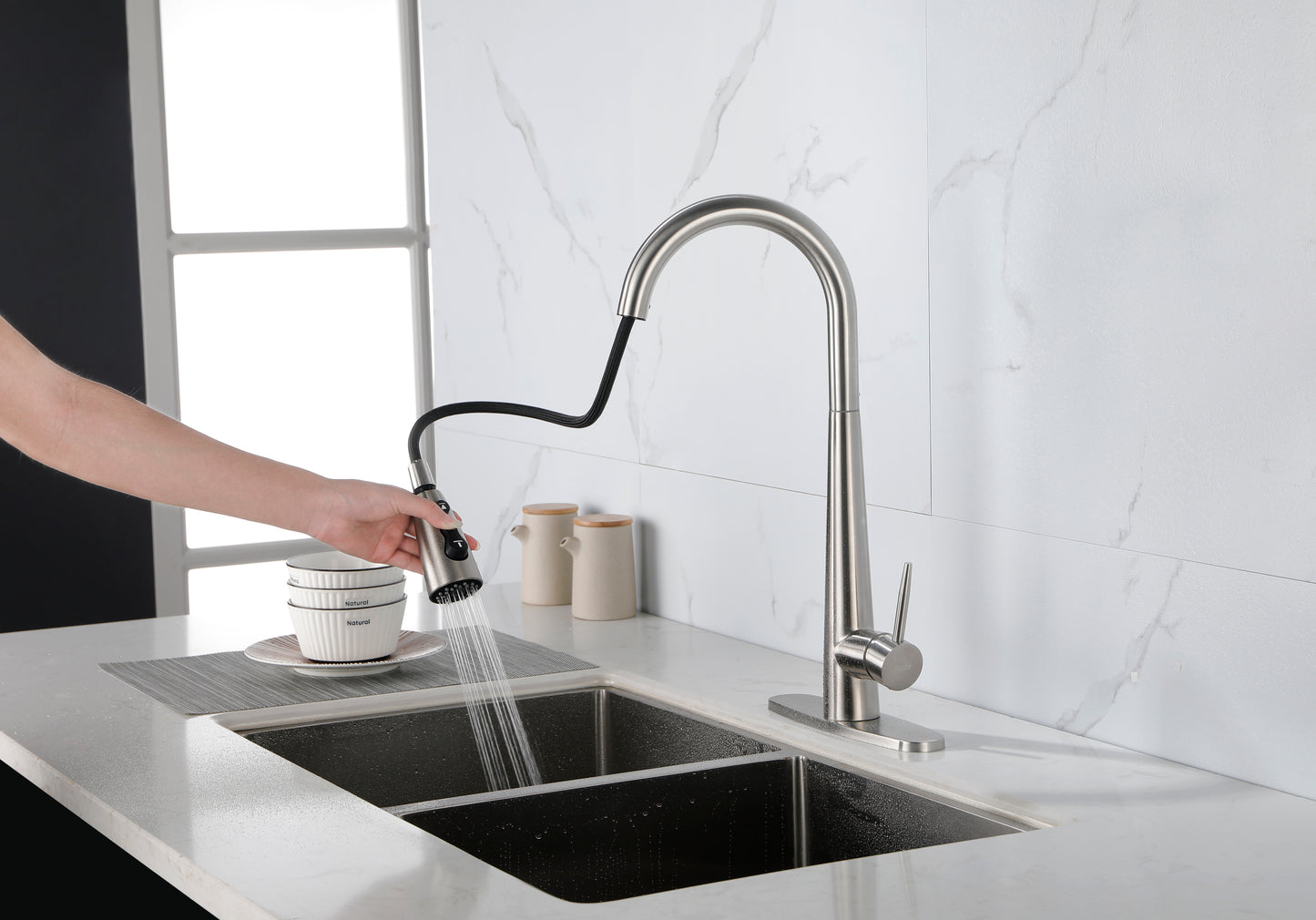 Commercial-Grade Stainless Steel Kitchen Faucet with Pull Down Sprayer and High Arc Handle