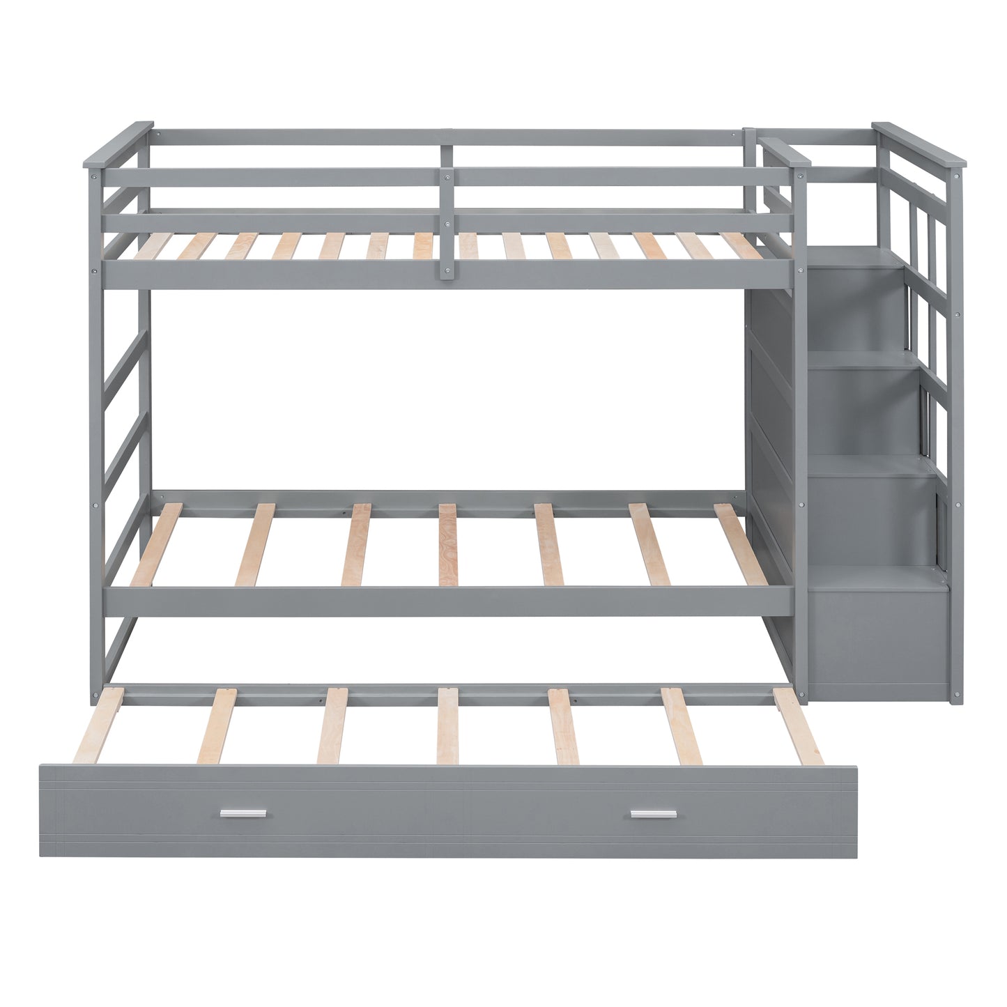 Gray Twin Bunk Bed with Trundle Staircase