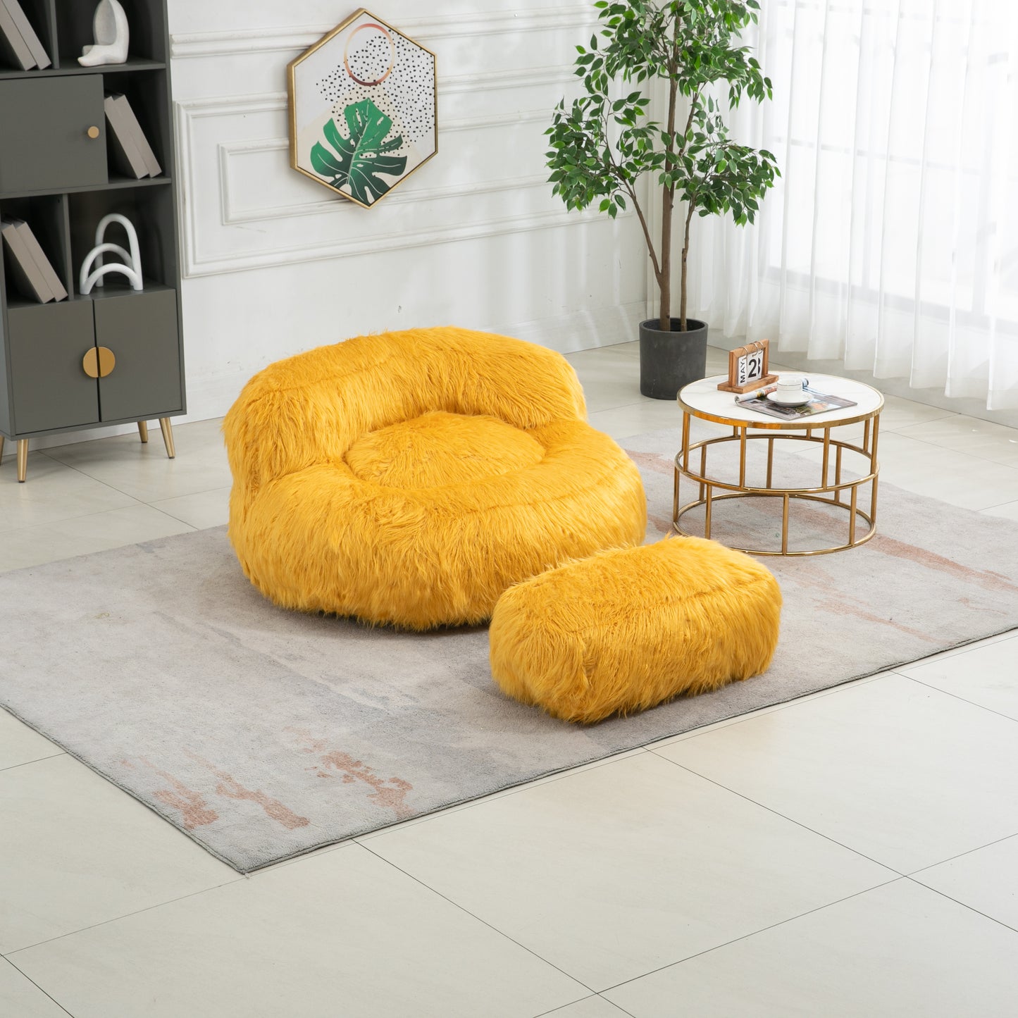 Bean Bag Chair with Faux Fur Lazy Sofa and Footstool for Comfortable Indoor and Outdoor Use