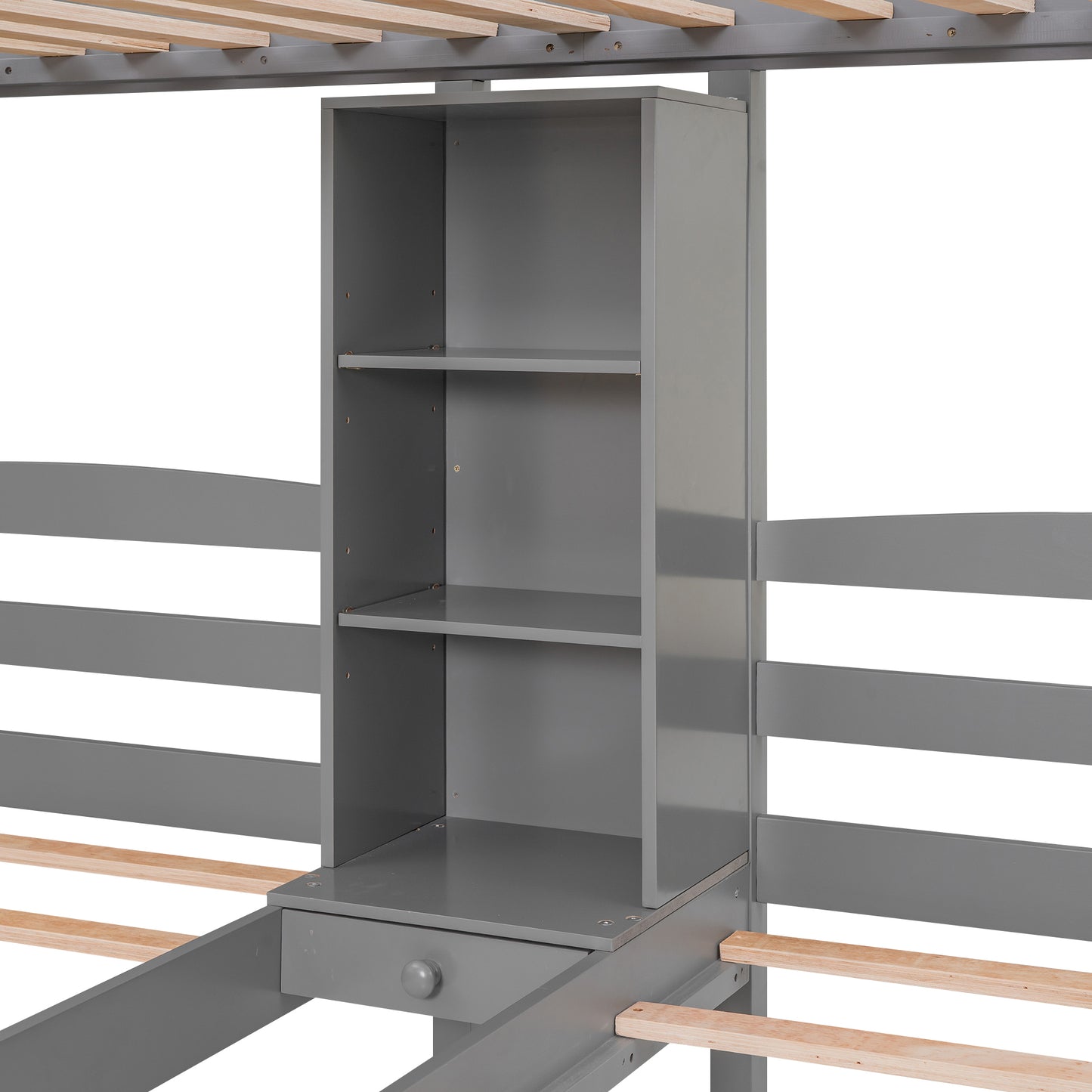 Gray Triple Bunk Bed with Storage Drawers, Staircase, and Built-in Shelves