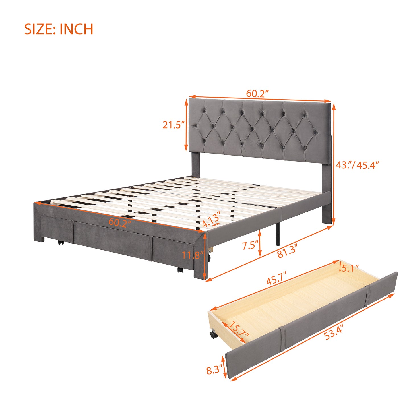 Queen Size Storage Bed Velvet Upholstered Platform Bed with a Big Drawer - Grey