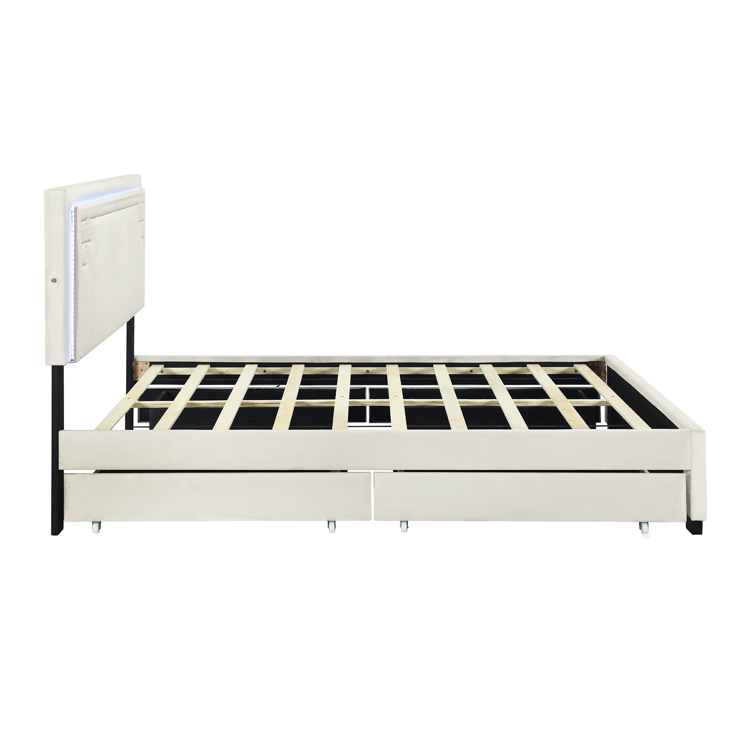 Queen Size Upholstered Platform Bed with Rivet-decorated Headboard, LED bed frame and 4 Drawers, Beige