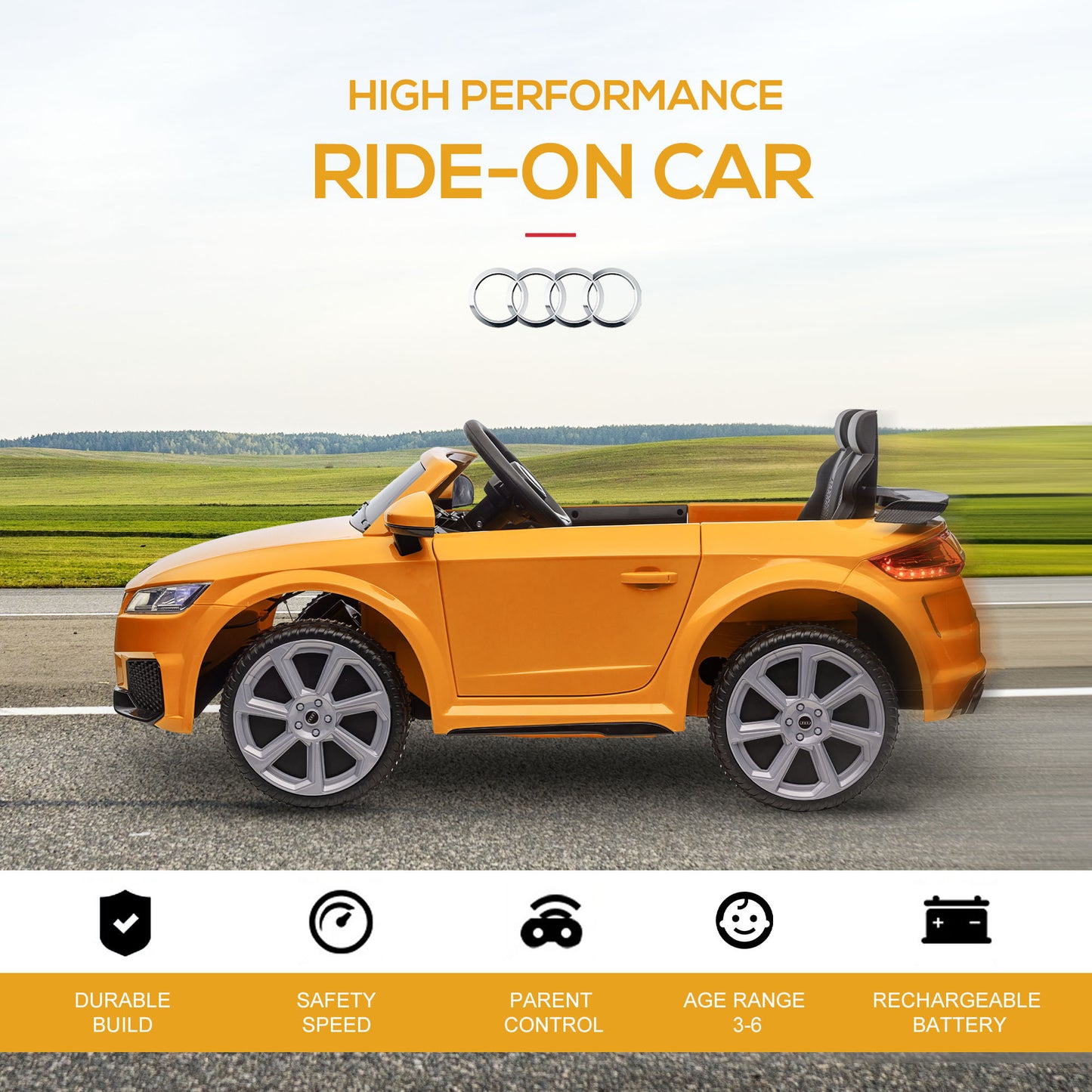 Aosom 6V Kids Electric Ride On Car, Licensed Audi TT RS with Suspension System and Remote Control, Horn, 5 Songs, Lights, MP3 Player - Yellow