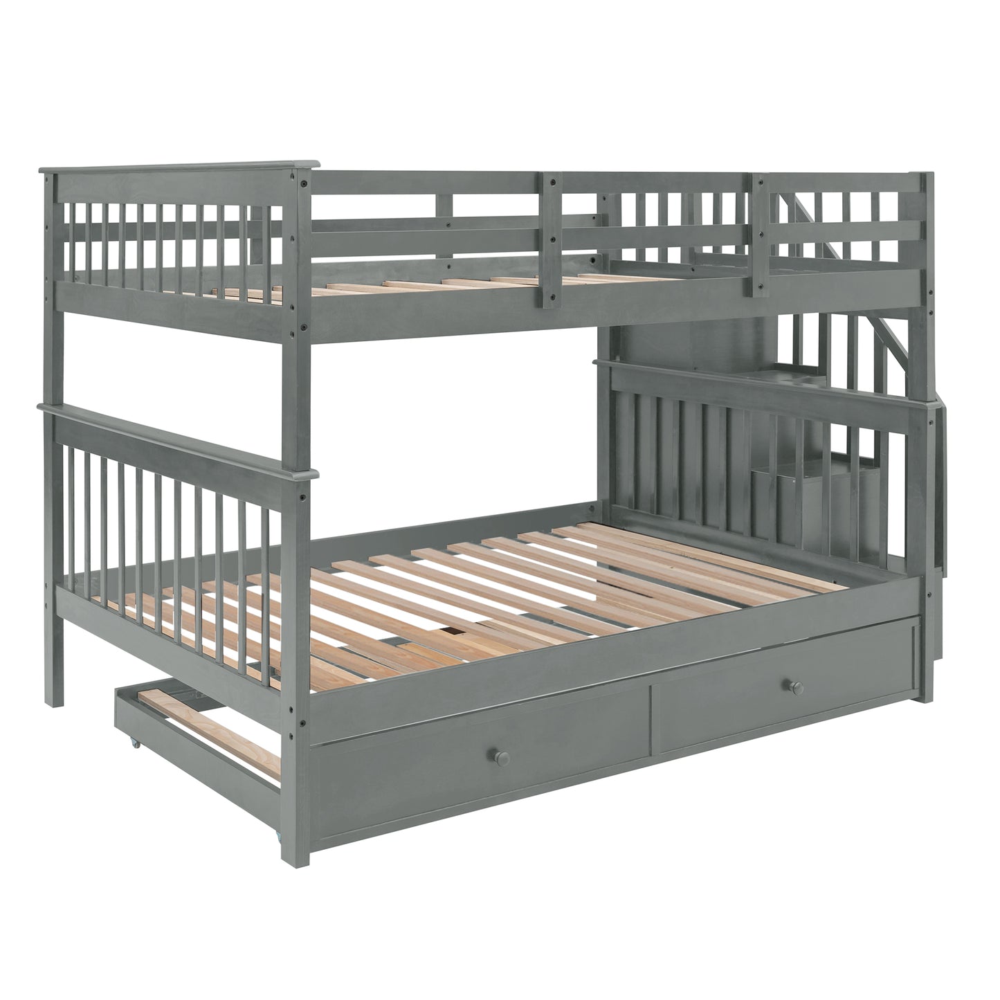 Gray Full-Over-Full Bunk Bed with Twin Trundle and Storage System