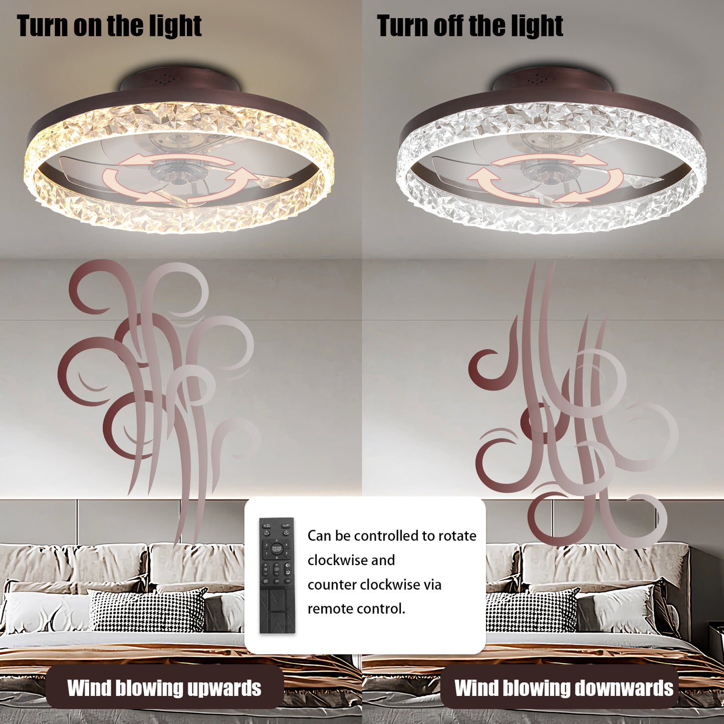 Modern Brown Acrylic Ceiling Fan with Dimmable LED Light and Remote Control, 6 Speeds, Reversible Blades, 20