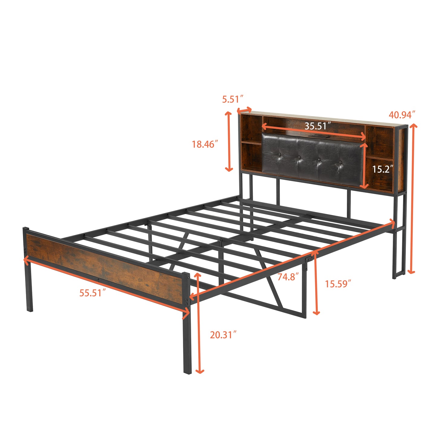 Bed Frame with Storage Headboard/USB Charging Station,Metal Platform Bed Frame Full Size No Box Spring Needed,Noise-Free,Strong Steel Slats Support,Rustic Brown