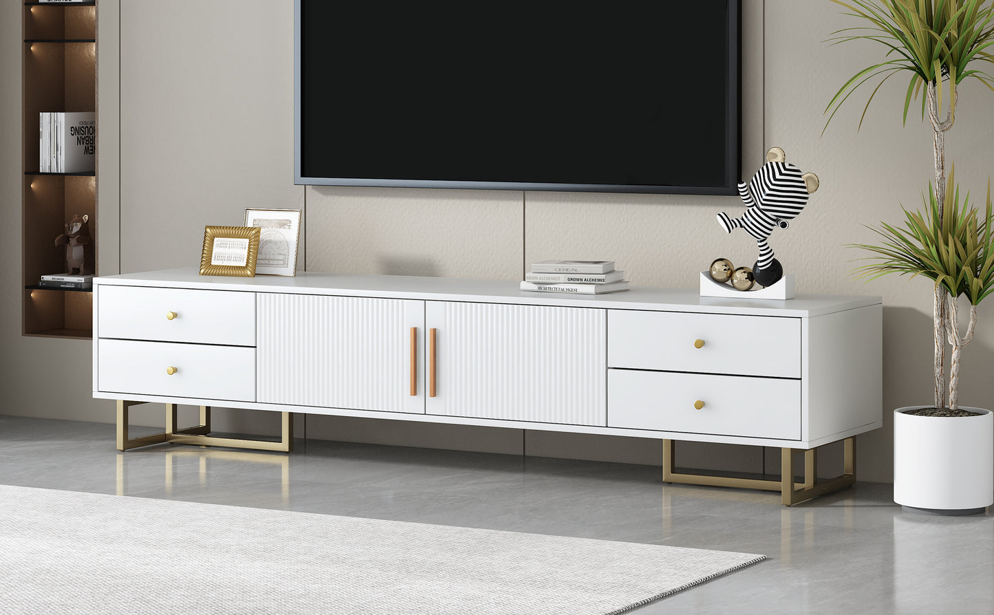 Modern White TV Stand with Storage Drawers and Cabinet