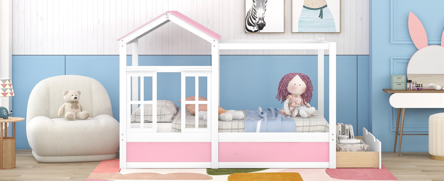 Full Size House Bed with Roof, Window and Drawer - Pink + White