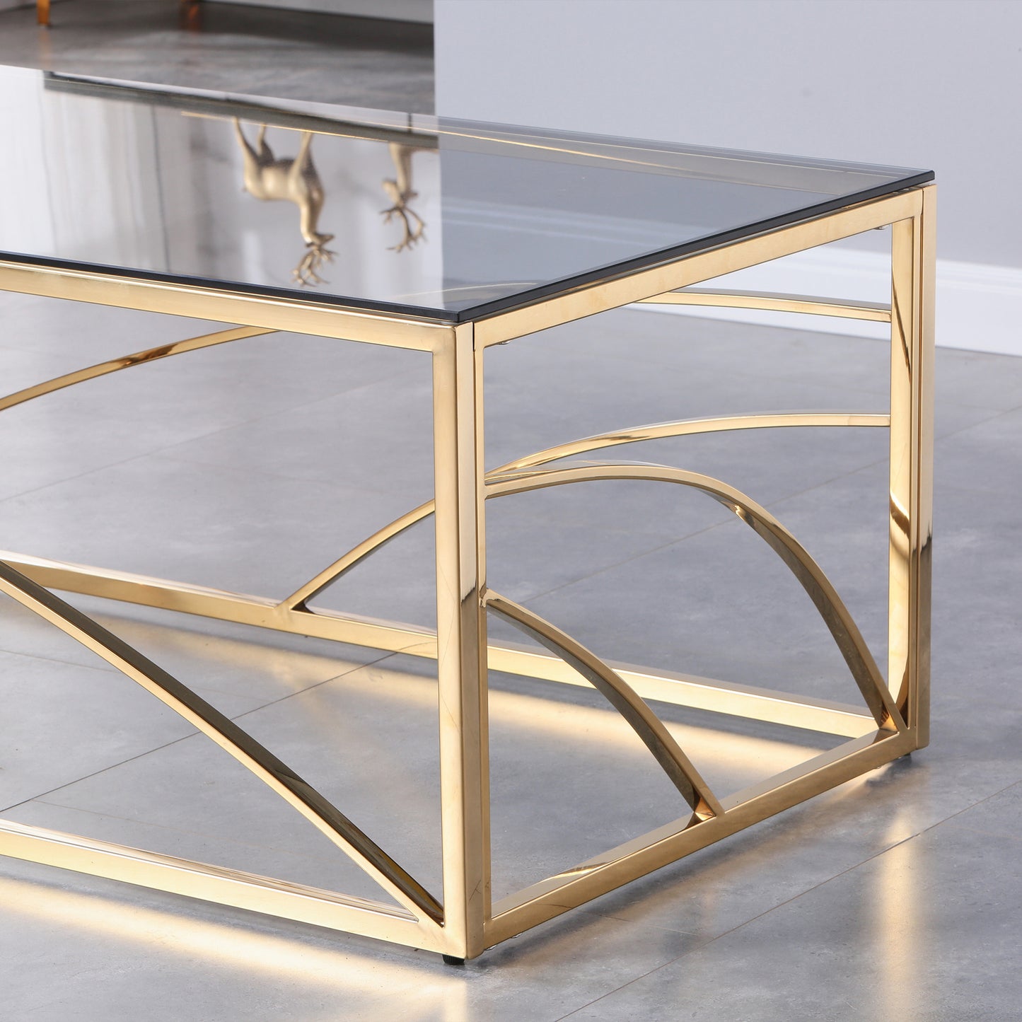 Elegant Gold Stainless Steel and Blue Gray Glass Coffee Table for Modern Living Room