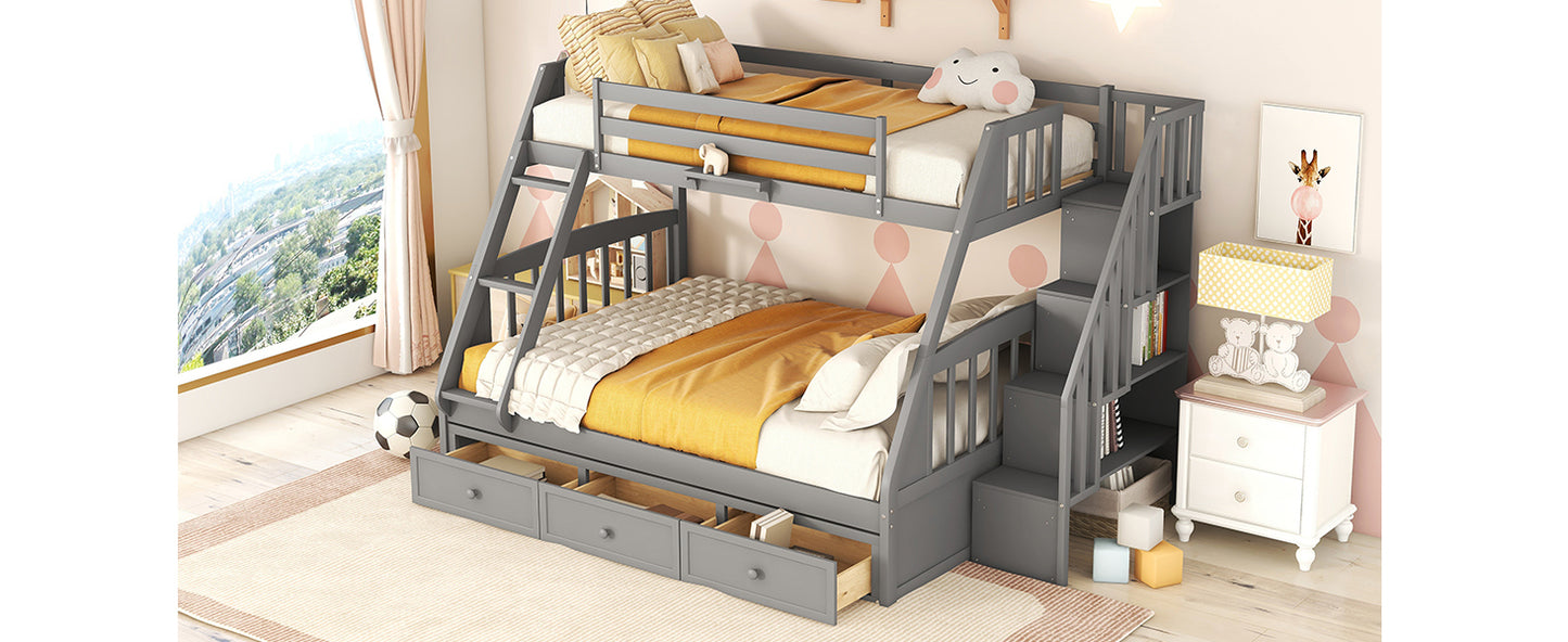 Gray Twin-Over-Full Bunk Bed with Storage Staircase, Ladder, and Drawers