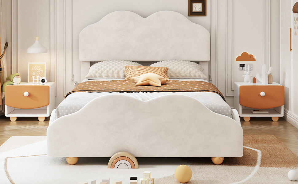 Full Size Upholstered Platform Bed with Cloud Shaped bed board, Beige