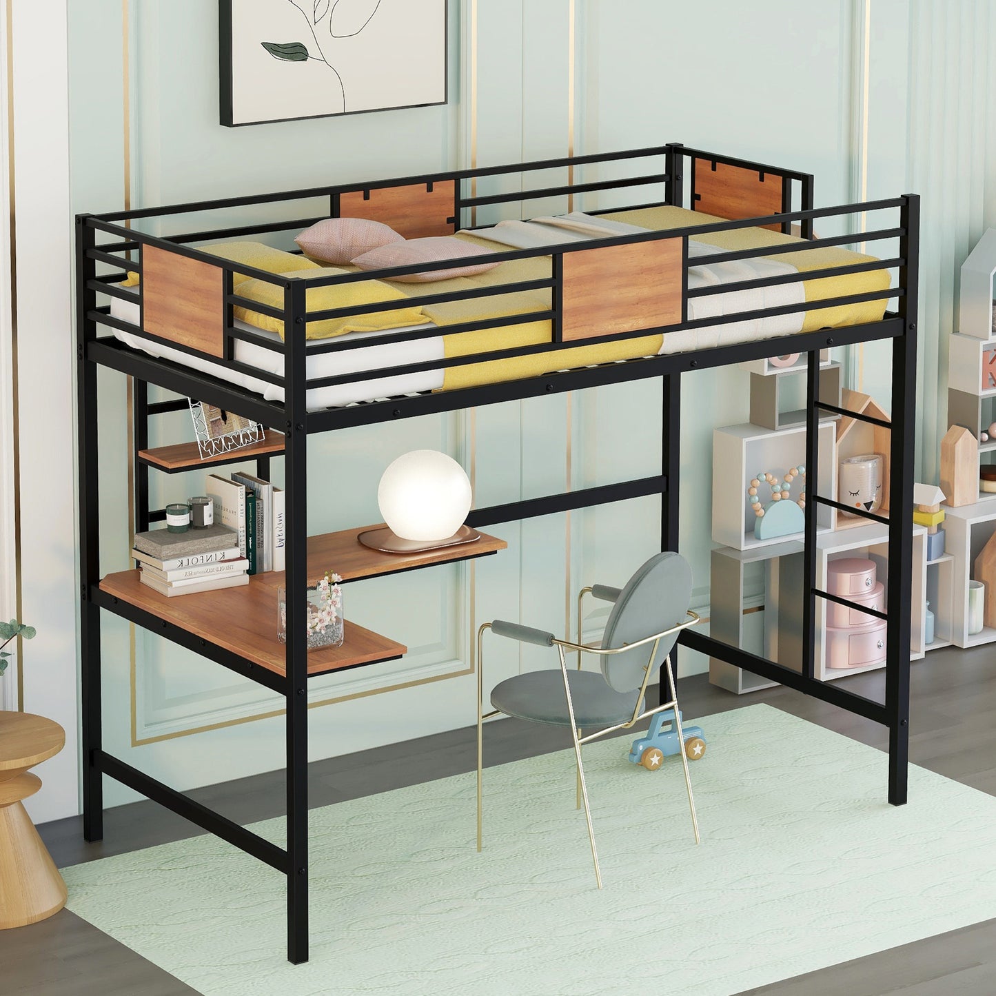 Twin Metal Loft Bed with Desk and Shelve,Black