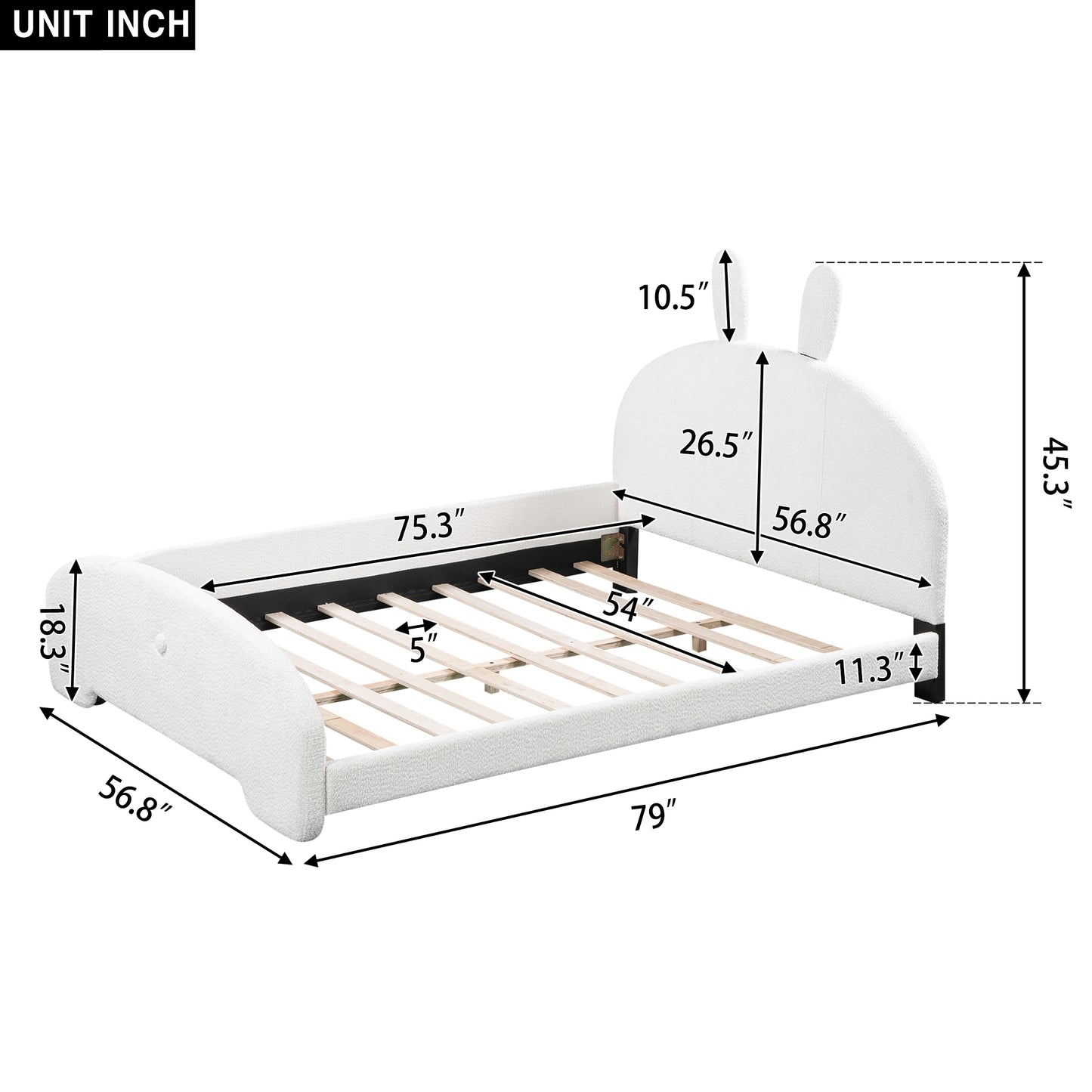 Full Size Upholstered Platform Bed with Cartoon Ears Shaped Headboard, White