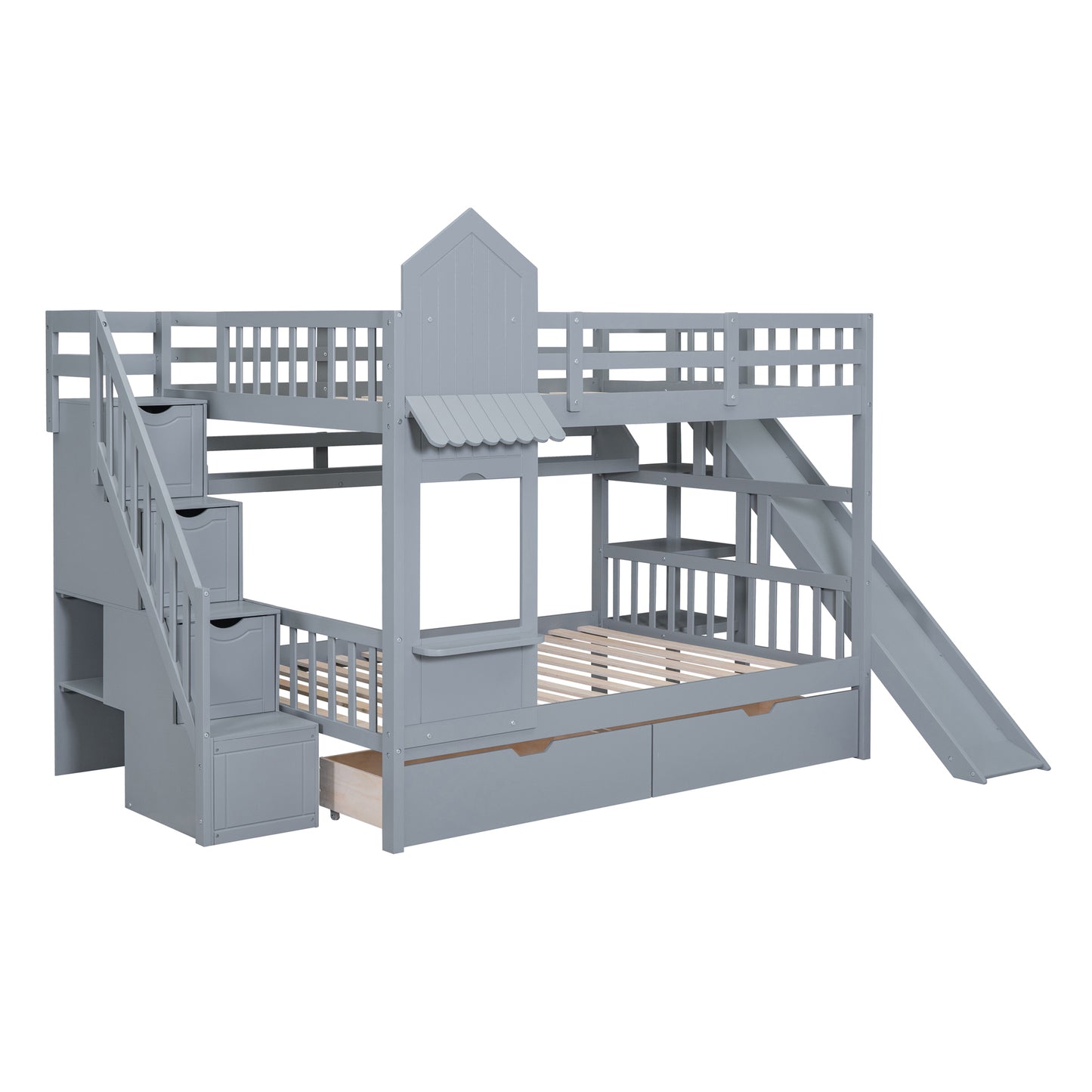 Castle Loft Bunk Bed with Slide, Drawers, and Shelves - Gray: Magical Castle Style Loft Bed with Slide, Drawers, and Shelves