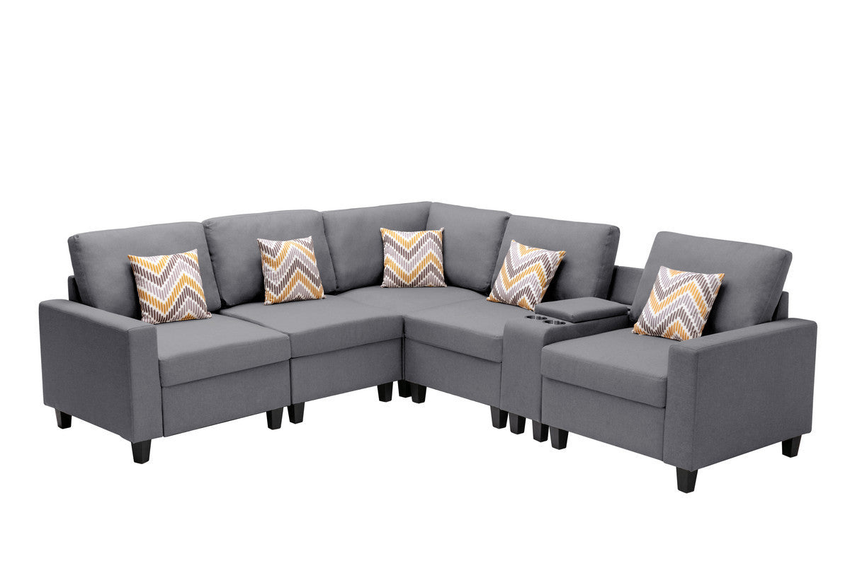 Nolan Gray Linen Fabric 6-Piece Transformable Sectional Sofa with USB, Charging Ports, Cupholders, Storage Console Table, Pillows, and Adjustable Legs