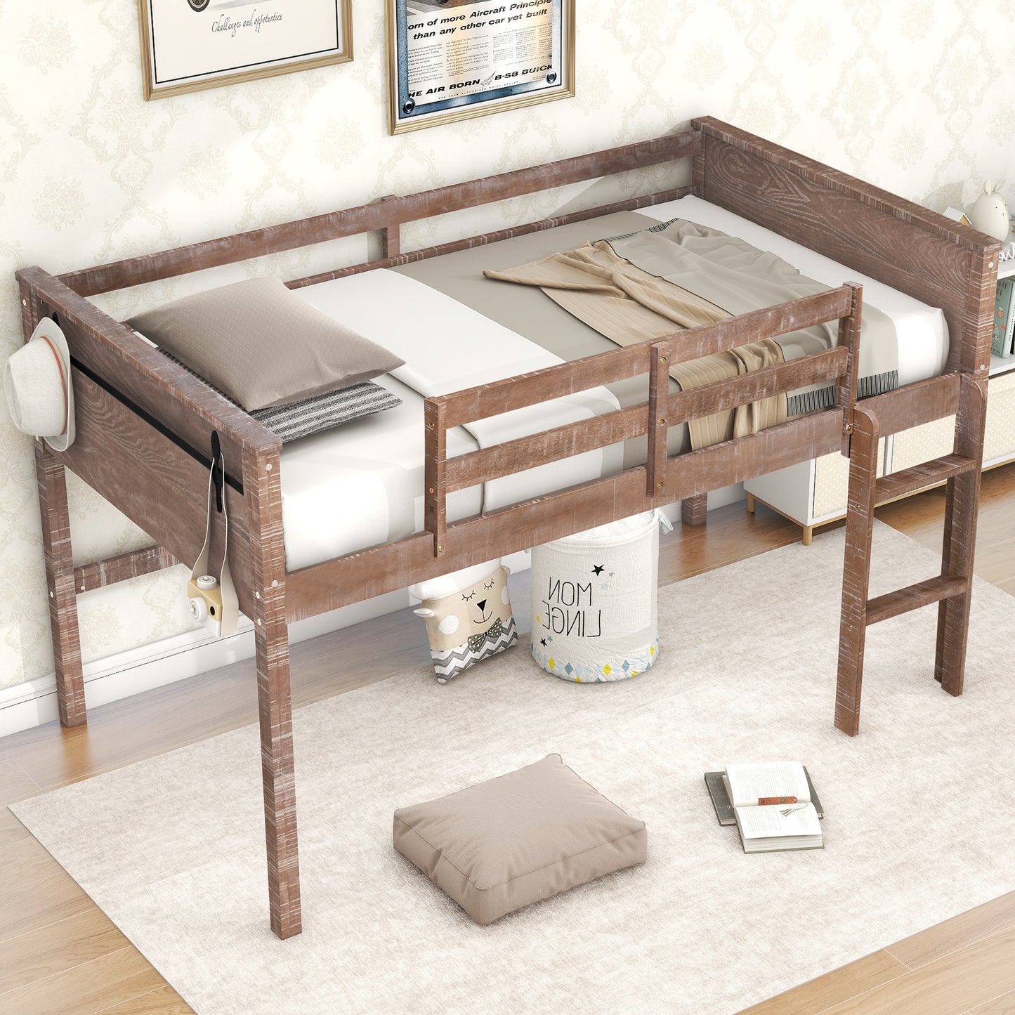 Wood Twin Size Loft Bed with Hanging Clothes Racks, White Rustic Natural