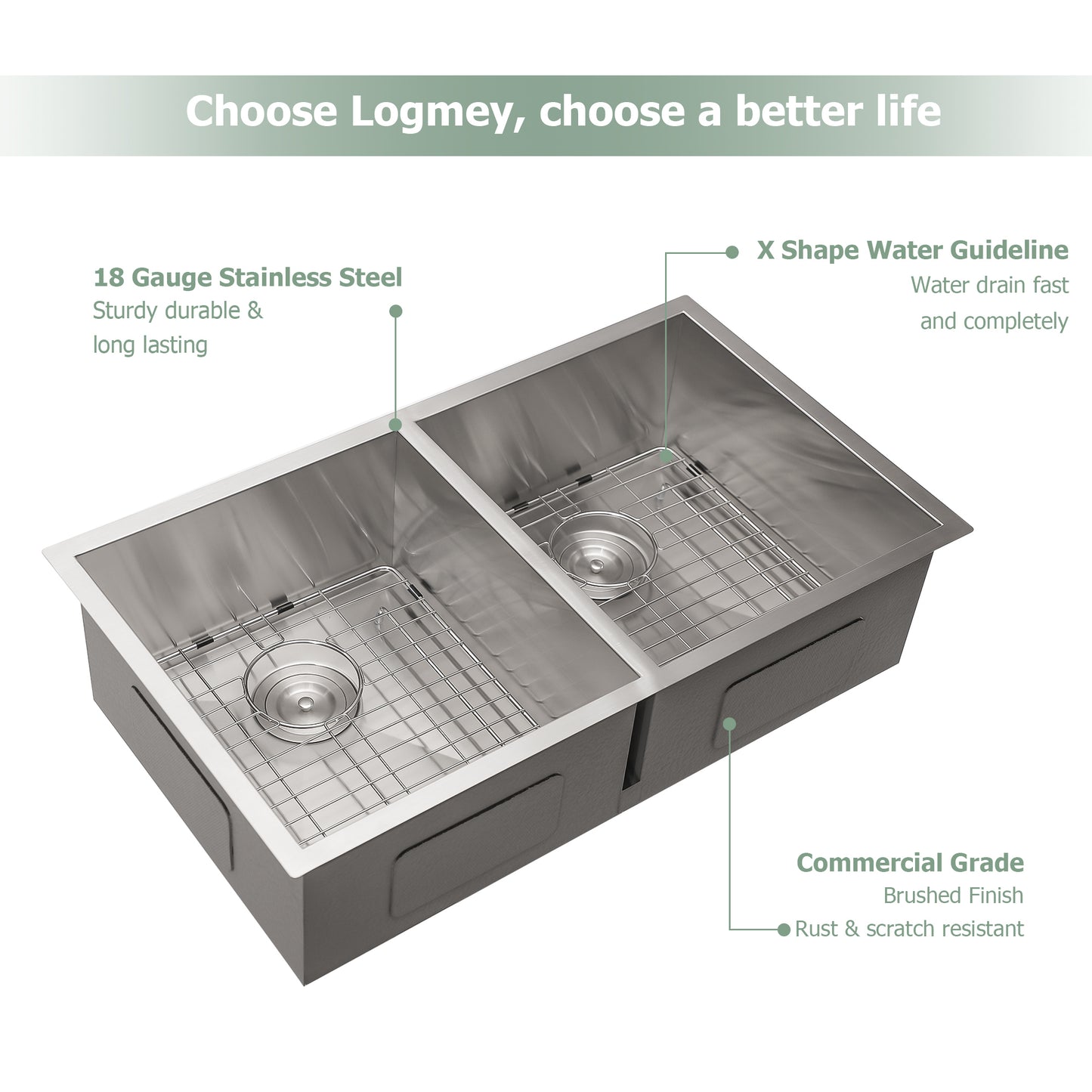 32x18 Stainless Steel Undermount Double Bowl Kitchen Sink with Offset Drain and 9 Inch Depth