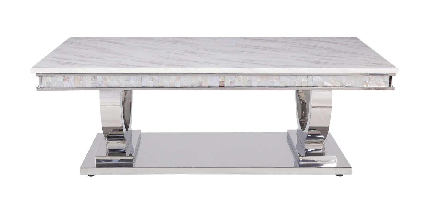 Zander Marble Top Coffee Table with Mirrored Silver Finish