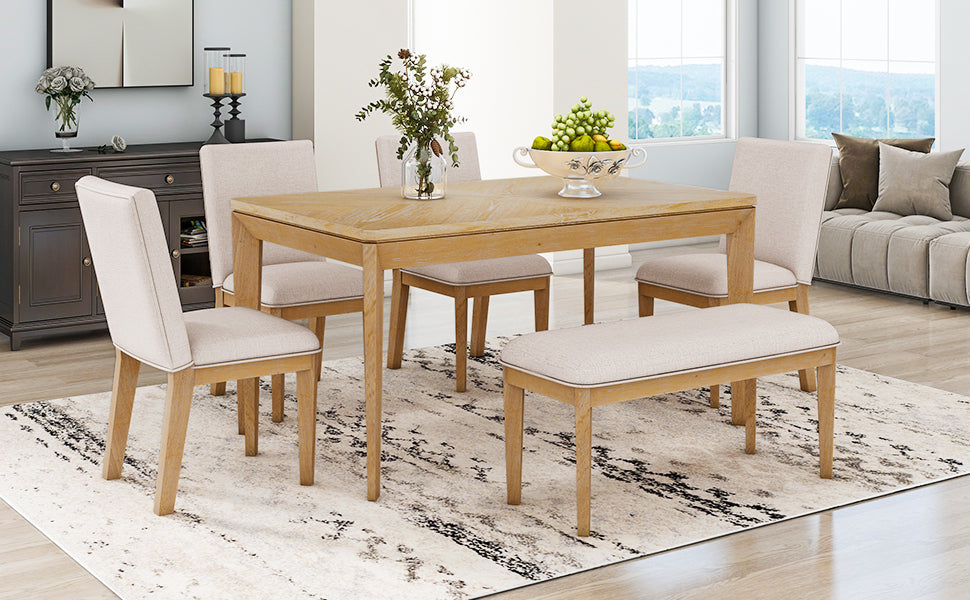 6-Piece Dining Table Set with Upholstered Dining Chairs and Bench,Farmhouse Style, Tapered Legs, Natural+Beige