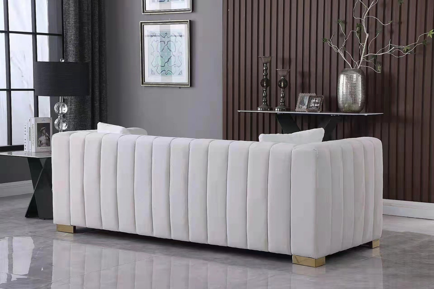 A modern  channel sofa  take on a traditional Chesterfield,White color,loveseater