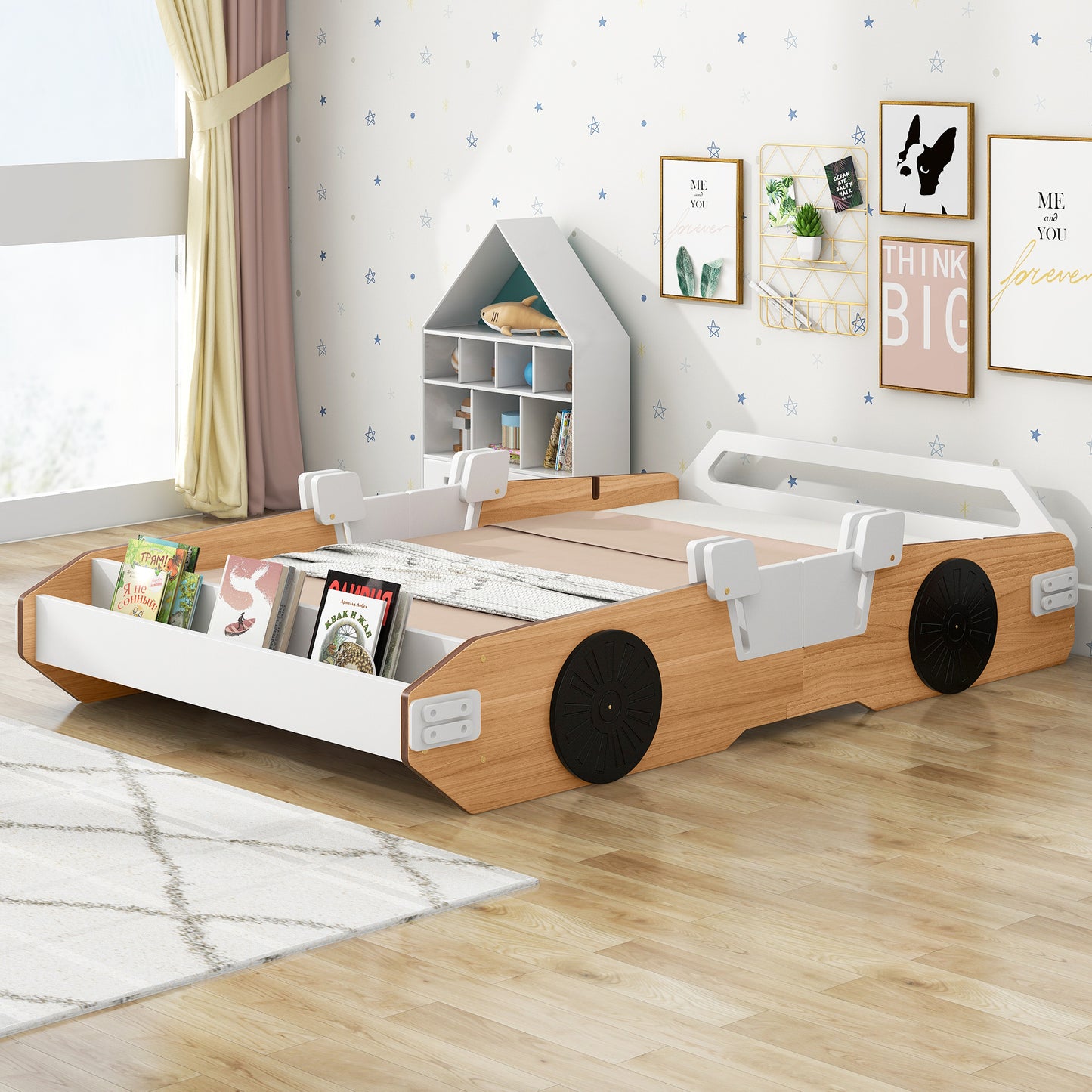 Wood Twin Size Racing Car Bed with Door Design and Storage, Natural+White+Black