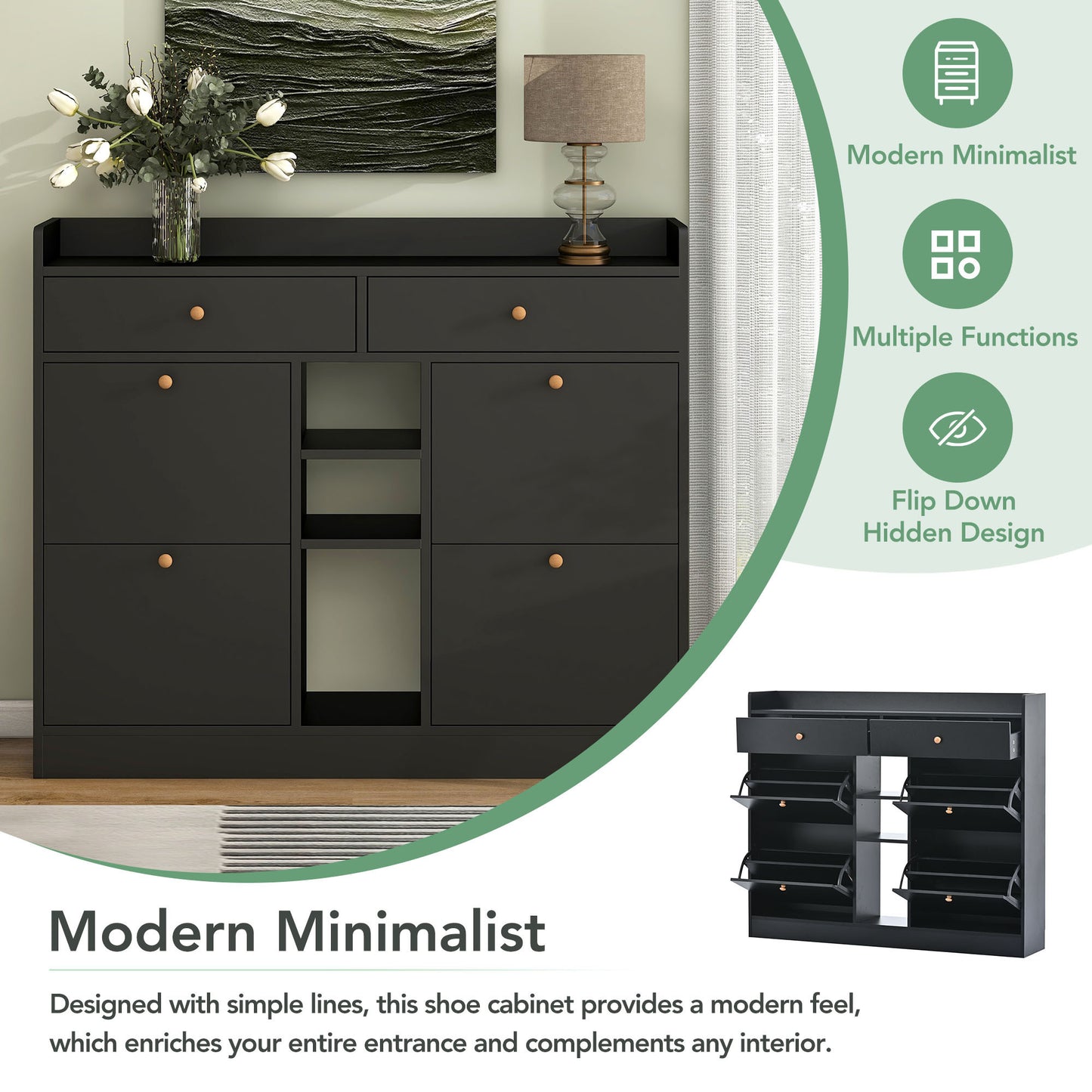 Modern Shoe Cabinet with 4 Flip Drawers, Multifunctional 2-Tier Shoe Storage Organizer with Drawers, Free Standing Shoe Rack for Entrance Hallway, Black.