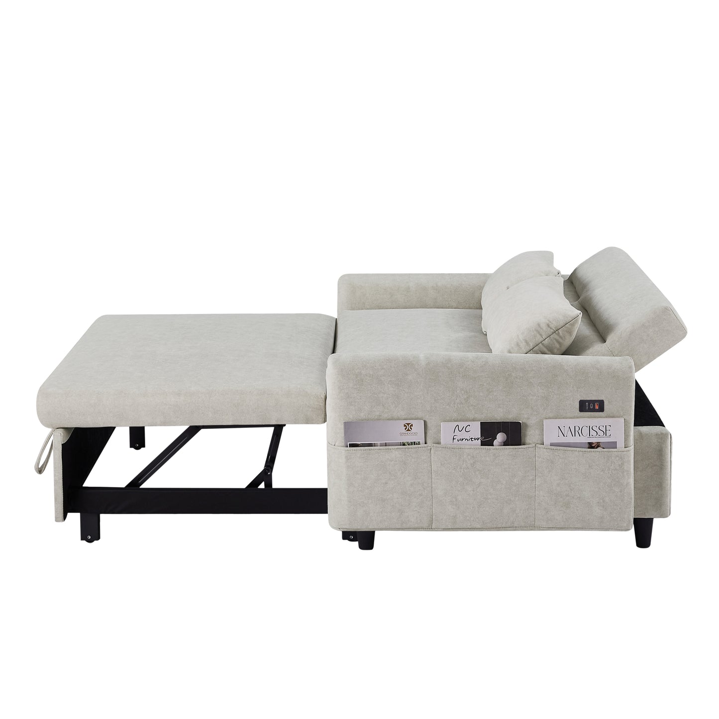 Adjustable Pull Out Sleep Sofa Bed Loveseat Couch with Storage Pockets, USB Ports, Beige