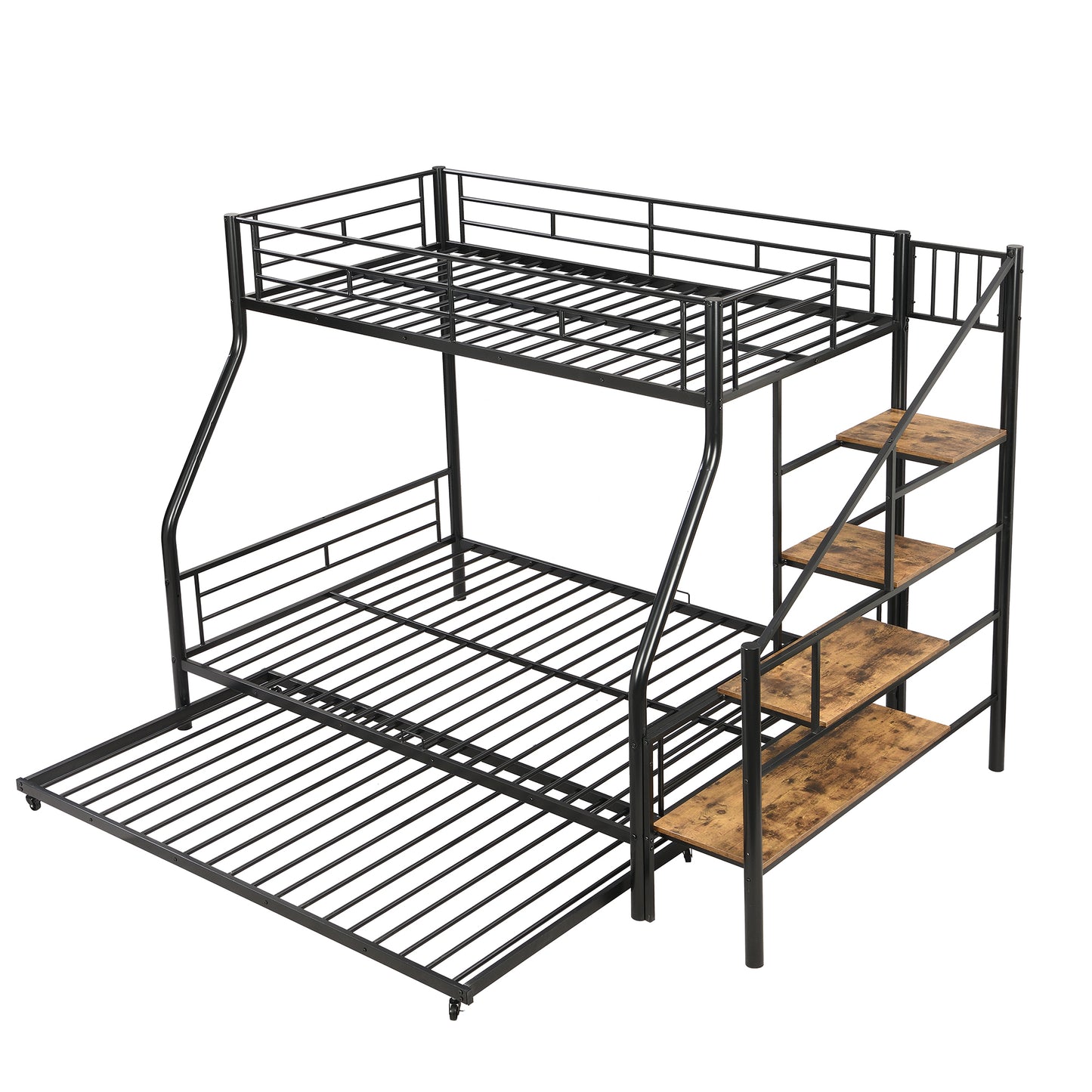 Black Metal Bunk Bed with Storage Staircase and Trundle - Twin over Full Size