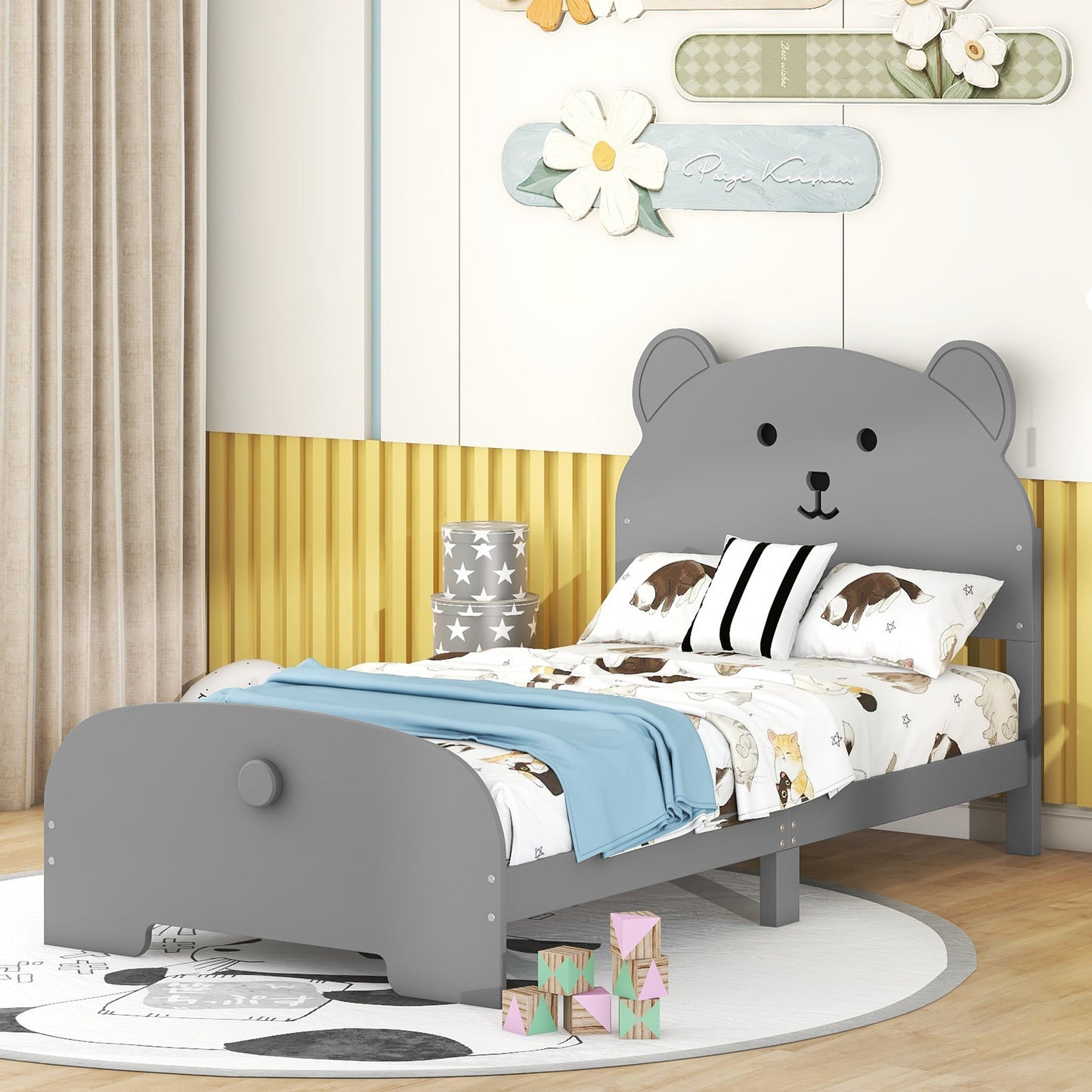 Twin Size Wood Platform Bed with Bear-shaped Headboard and Footboard,Gray