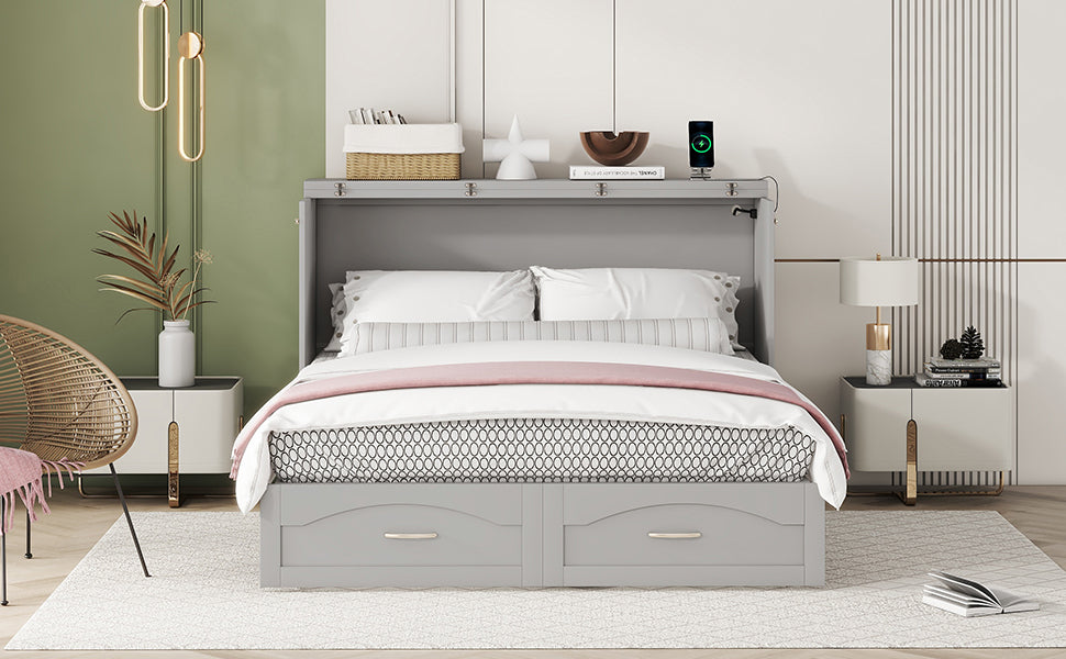 Queen Size Murphy Bed Wall Bed with drawer and a set of Sockets & USB Ports, Pulley Structure Design, Gray