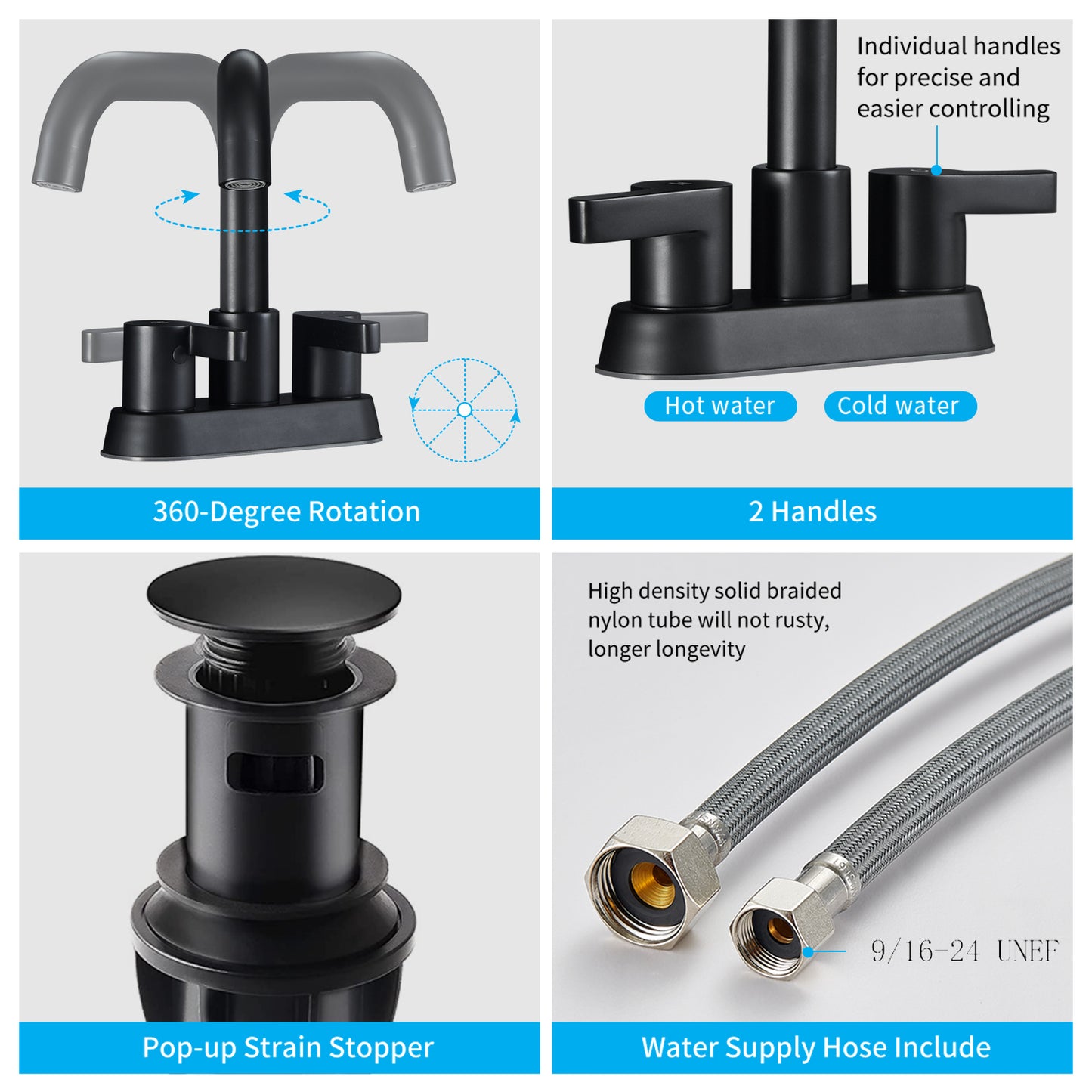 Matte Black Bathroom Faucet with 2 Handles and Pop Up Drain