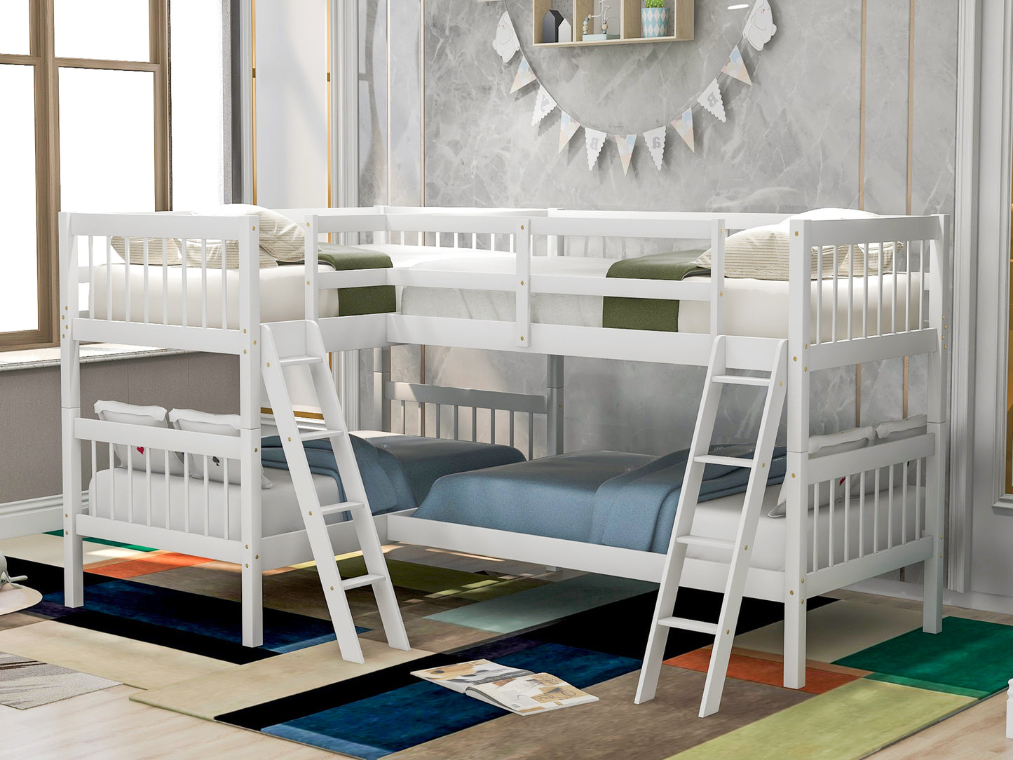 Double Decker White Bunk Bed with Versatile L-Shaped Design