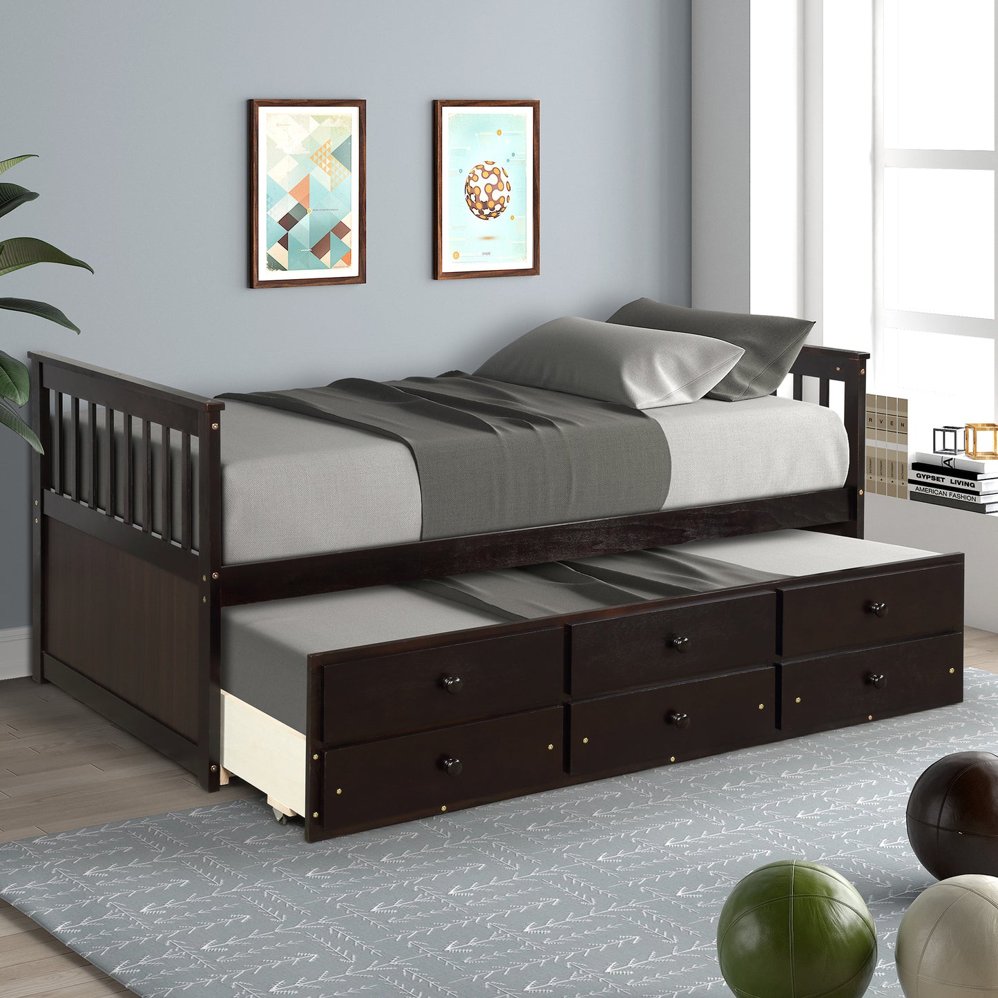 Captain's Bed Twin Daybed with Trundle Bed and Storage Drawers, Espresso